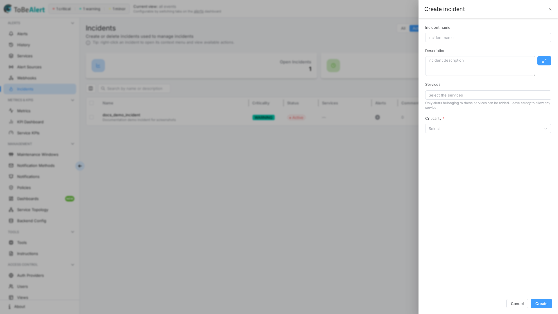 Create incident drawer — name, description, services, and level