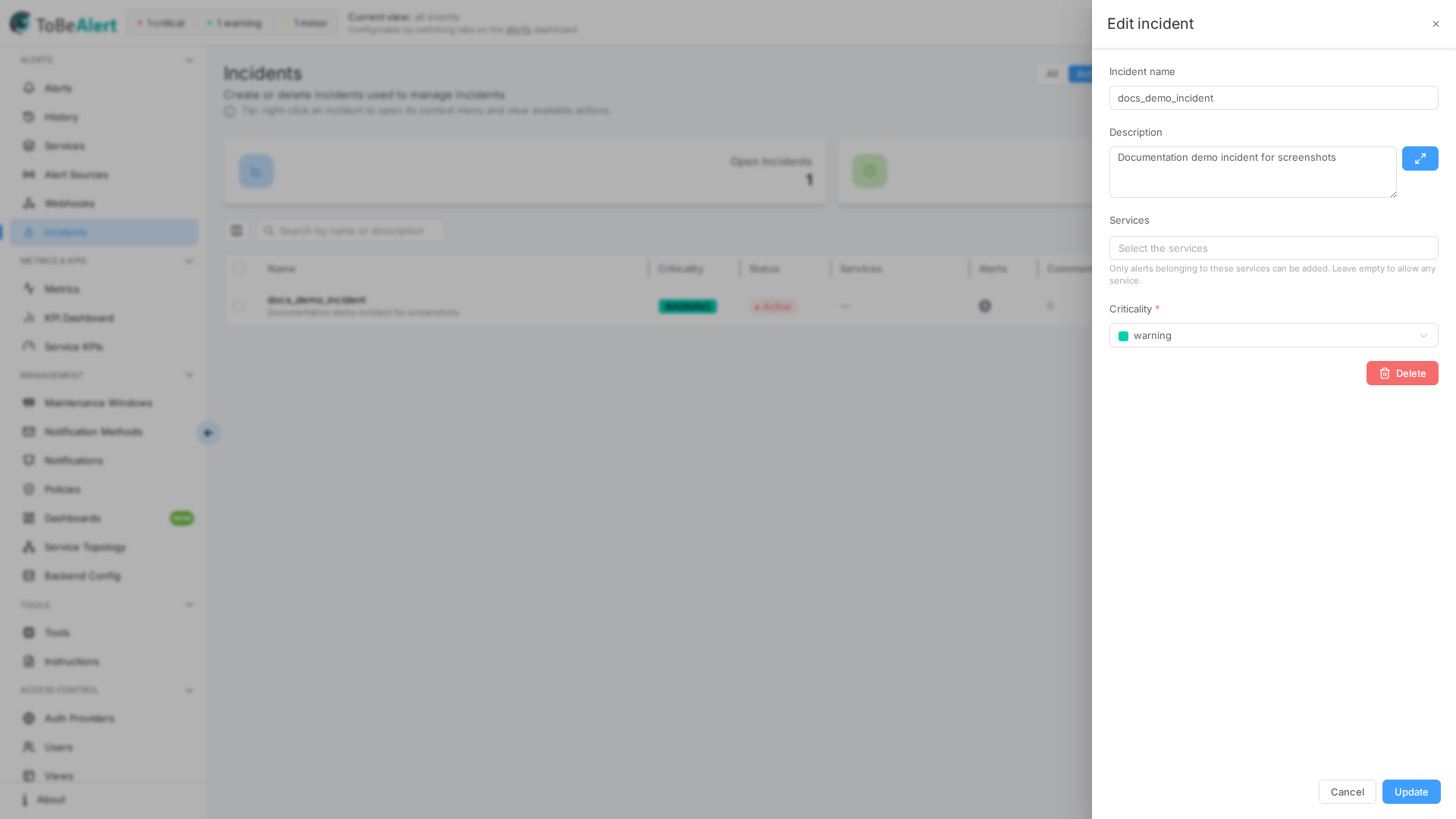 Edit incident drawer — name, description, services, level, and Delete