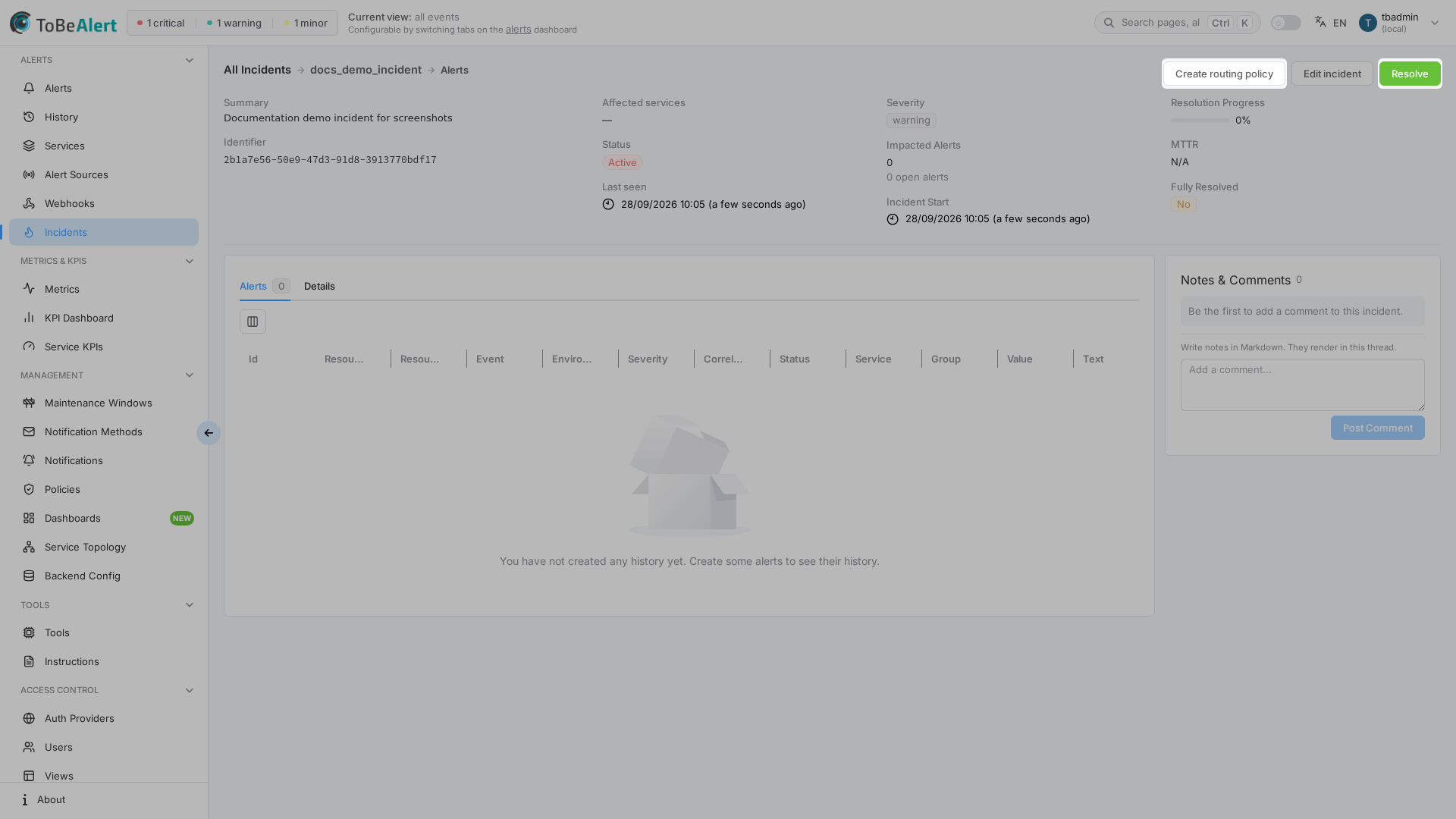 Incident editor — two-column metadata, Alerts tab, header actions, and notes card
