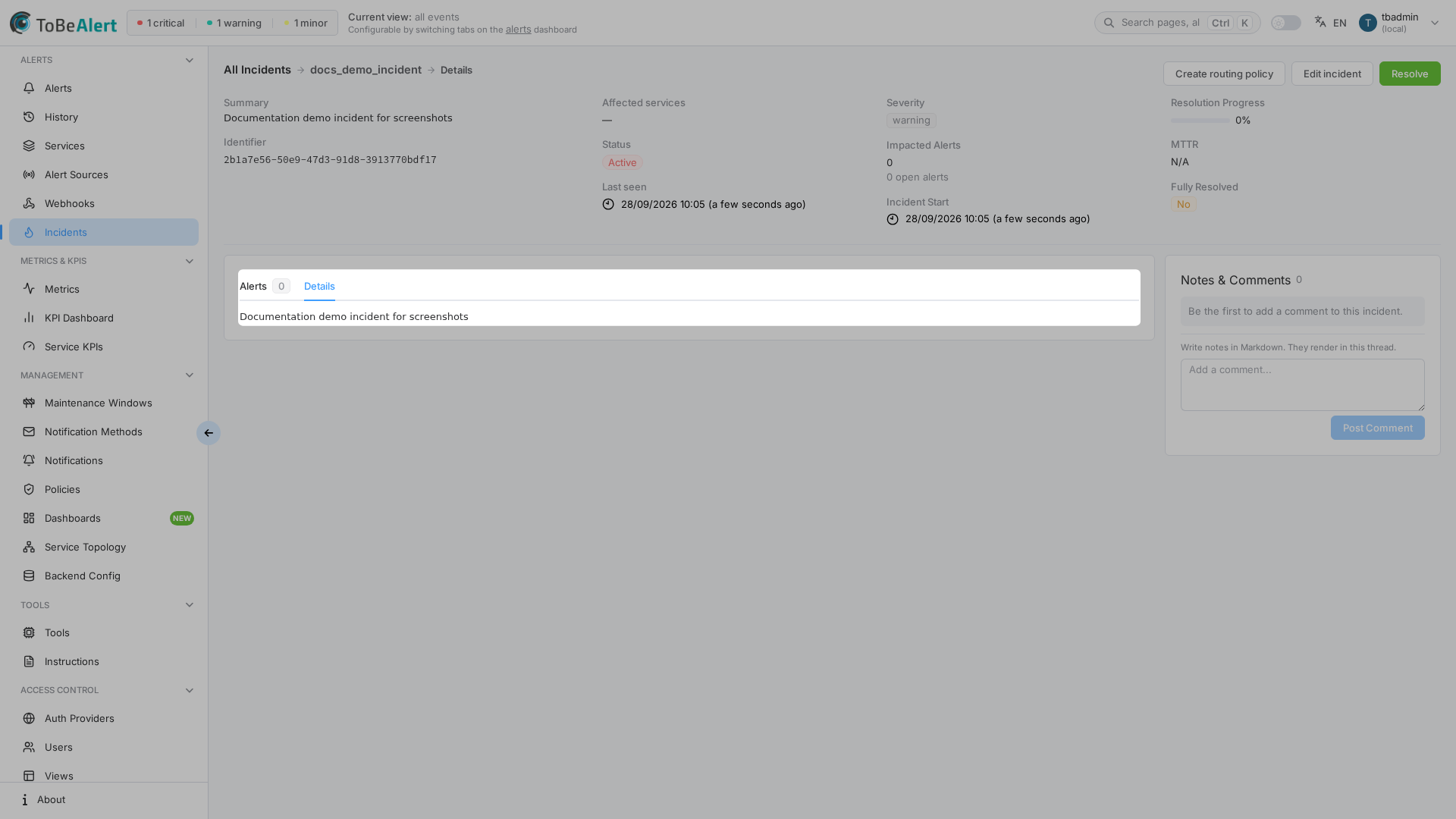 Incident editor — Details tab with Markdown description