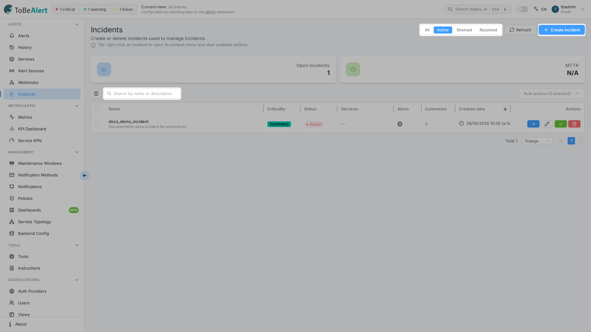 Incidents list — status views, search, KPI cards, and table