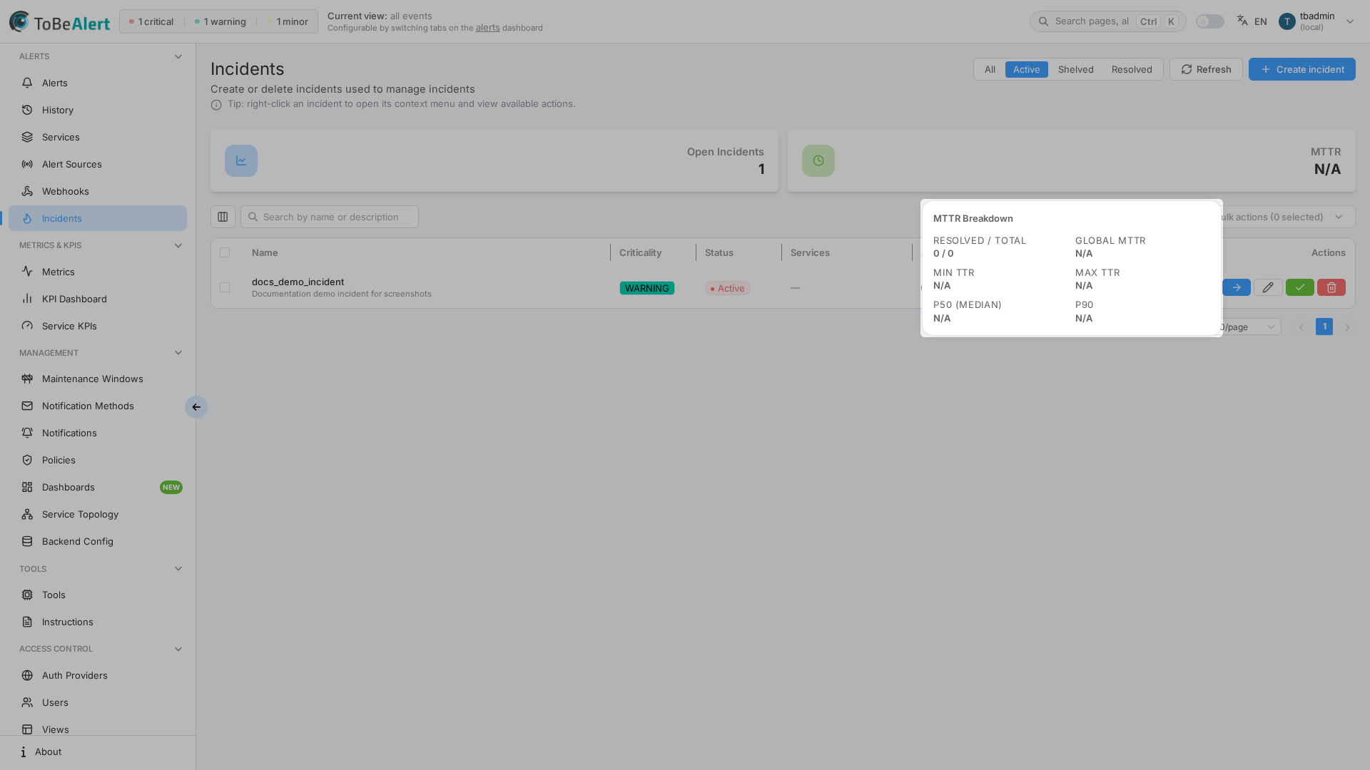 MTTR Breakdown popover — resolved/total, global MTTR, min/max, P50, P90