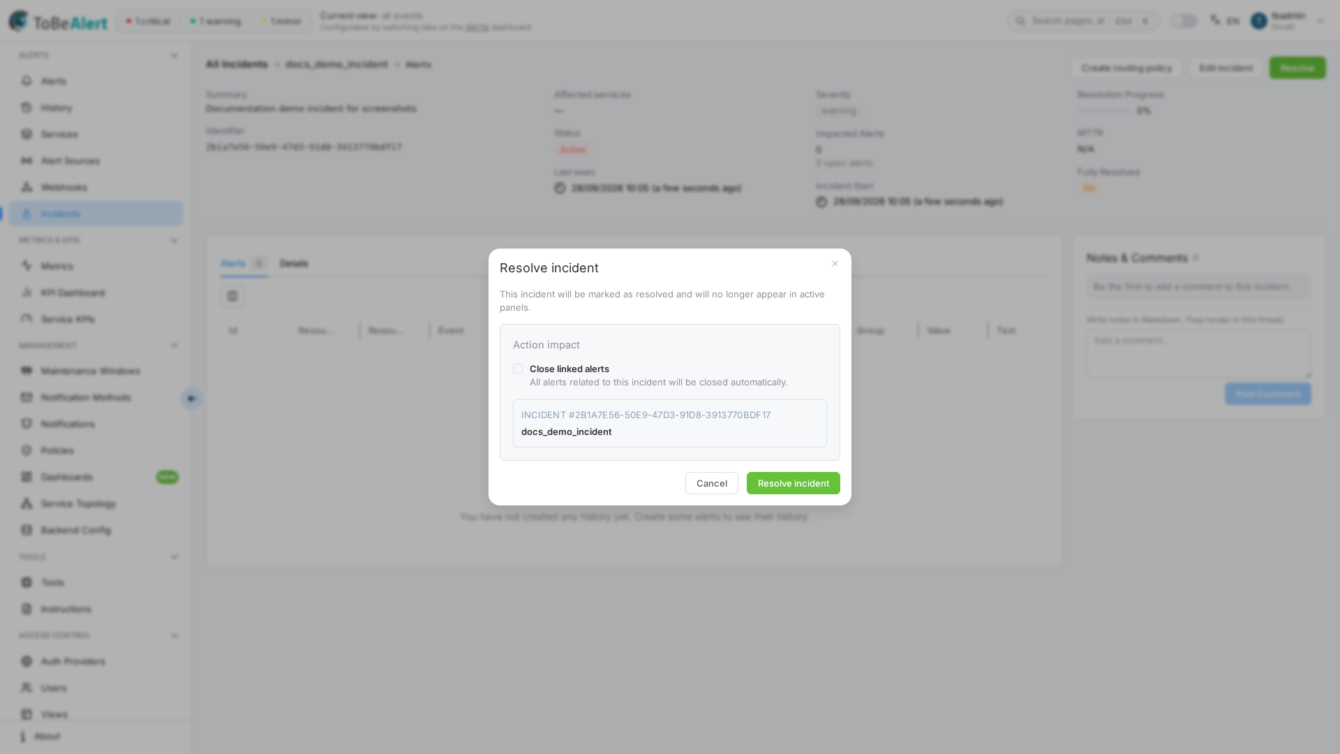 Resolve incident dialog — Action impact and Close linked alerts