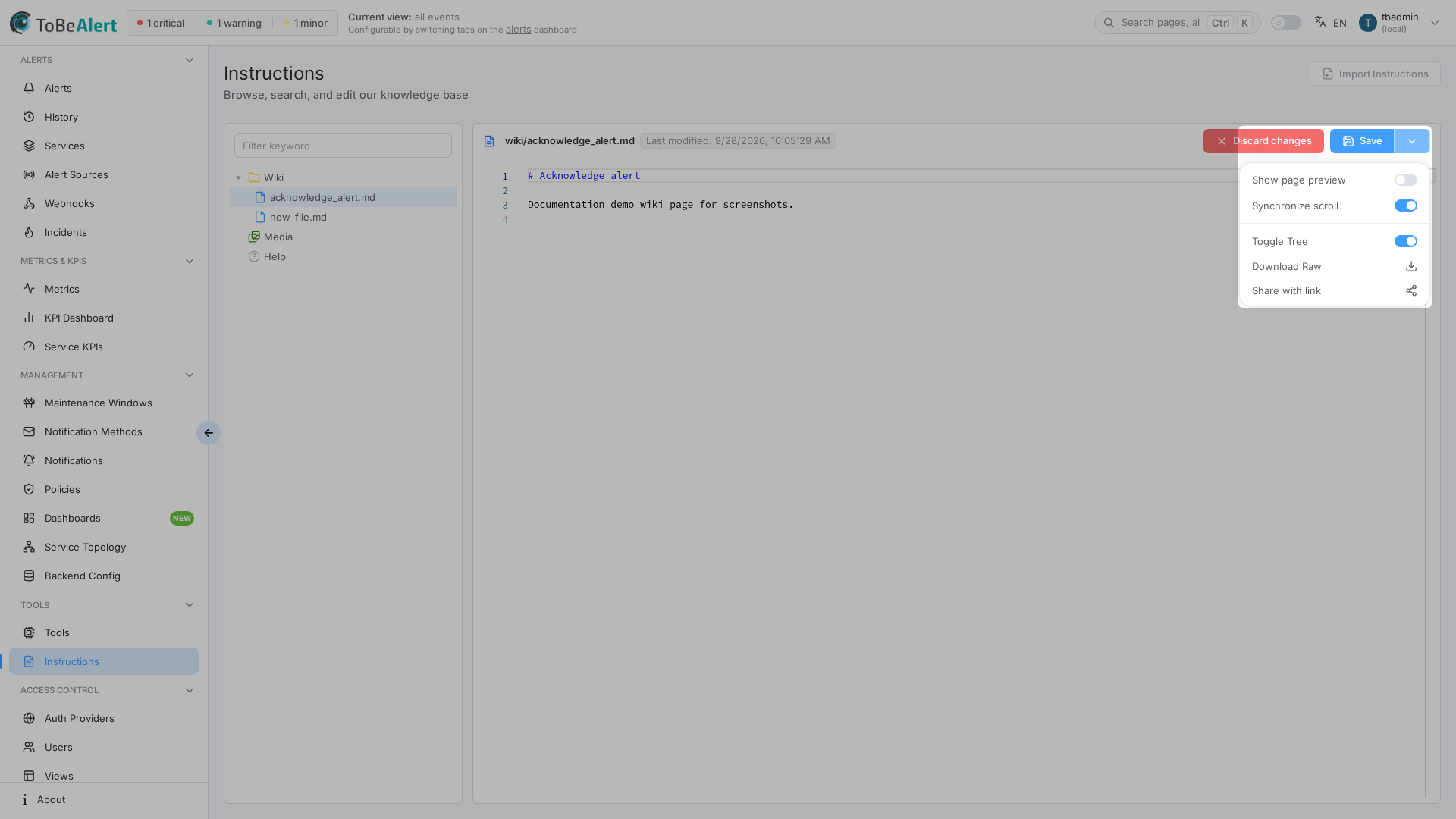 Editor ⋮ menu — preview, scroll sync, Toggle Tree, Download Raw, Share with link, highlighted in red