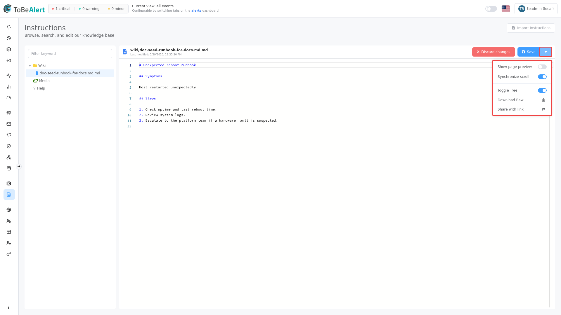 Editor ⋮ menu — preview, scroll sync, Toggle Tree, Download Raw, Share with link, highlighted in red
