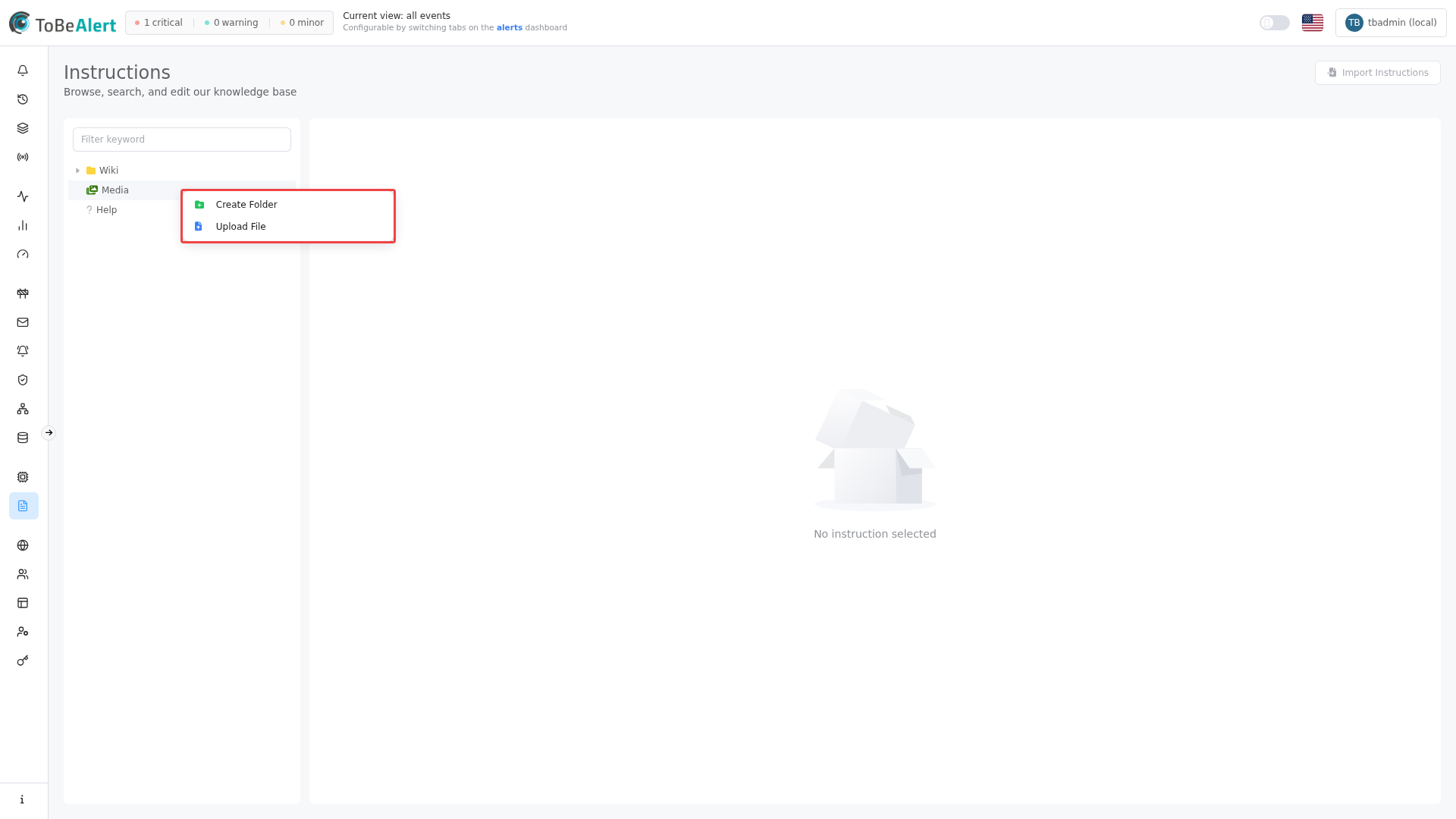 Media folder context menu — Create Folder and Upload File, highlighted in red