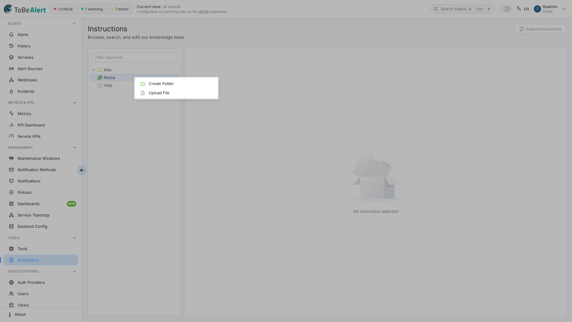 Media folder context menu — Create Folder and Upload File, highlighted in red