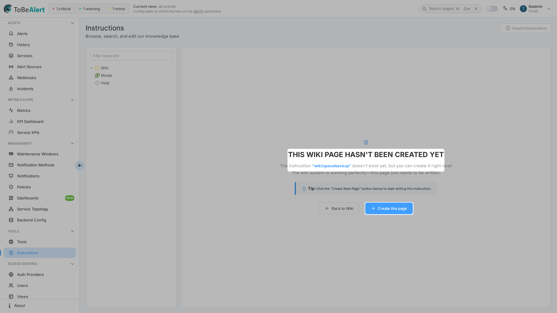 Instructions tab opened from an alert — page not created yet, highlighted in red