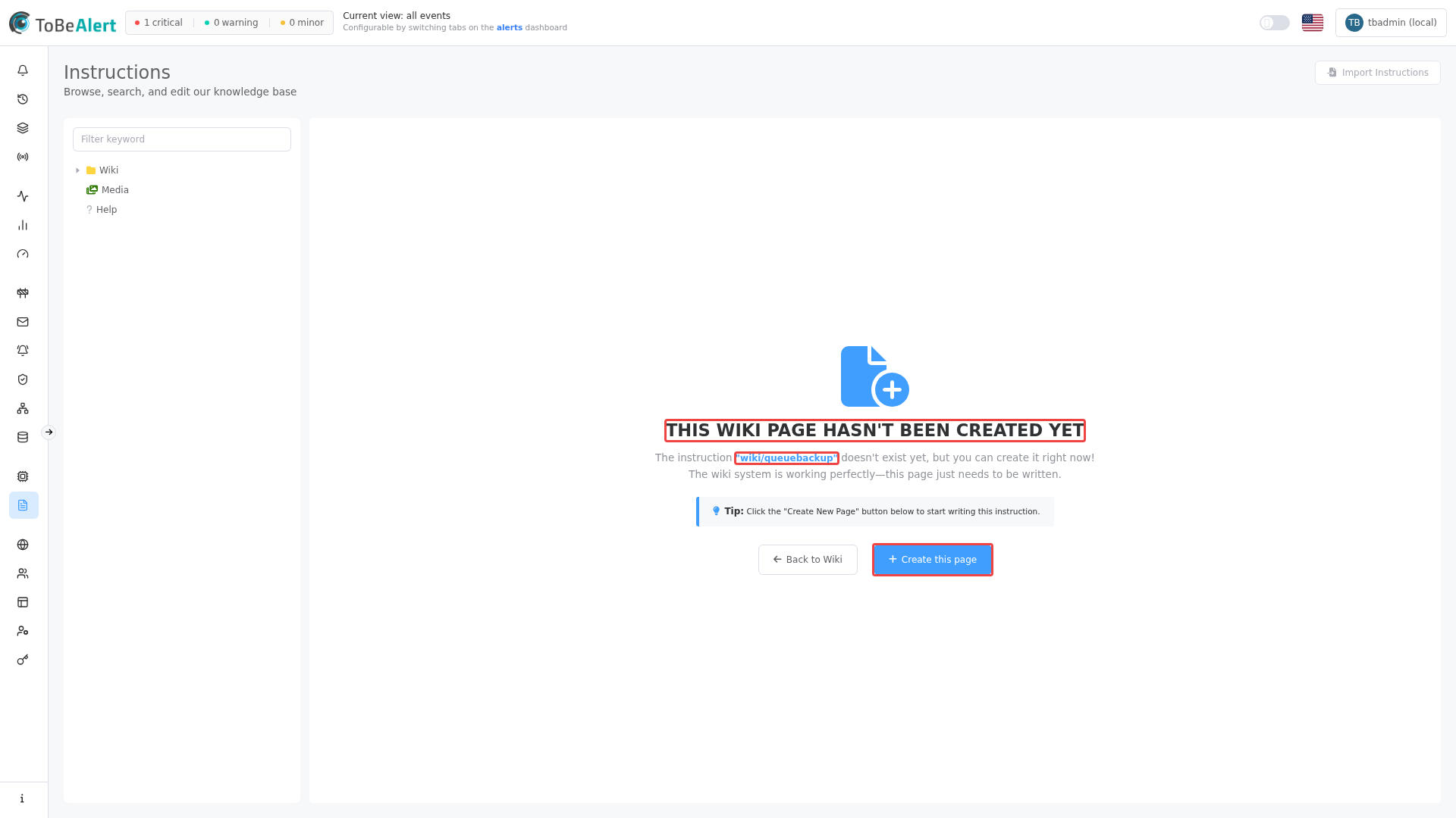 Instructions tab opened from an alert — page not created yet, highlighted in red