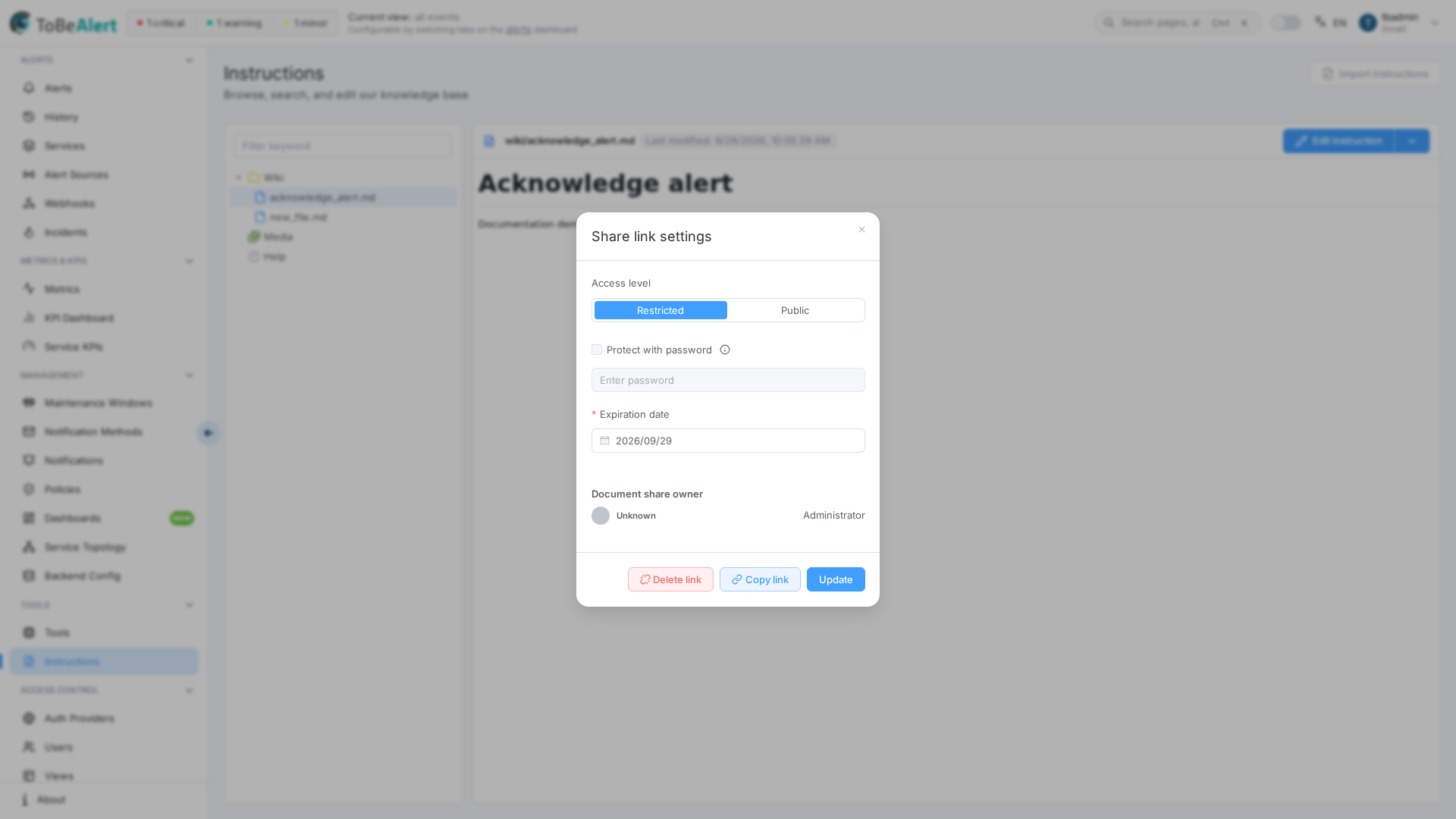 Share link settings dialog — access level, password, expiration, owner, actions, highlighted in red