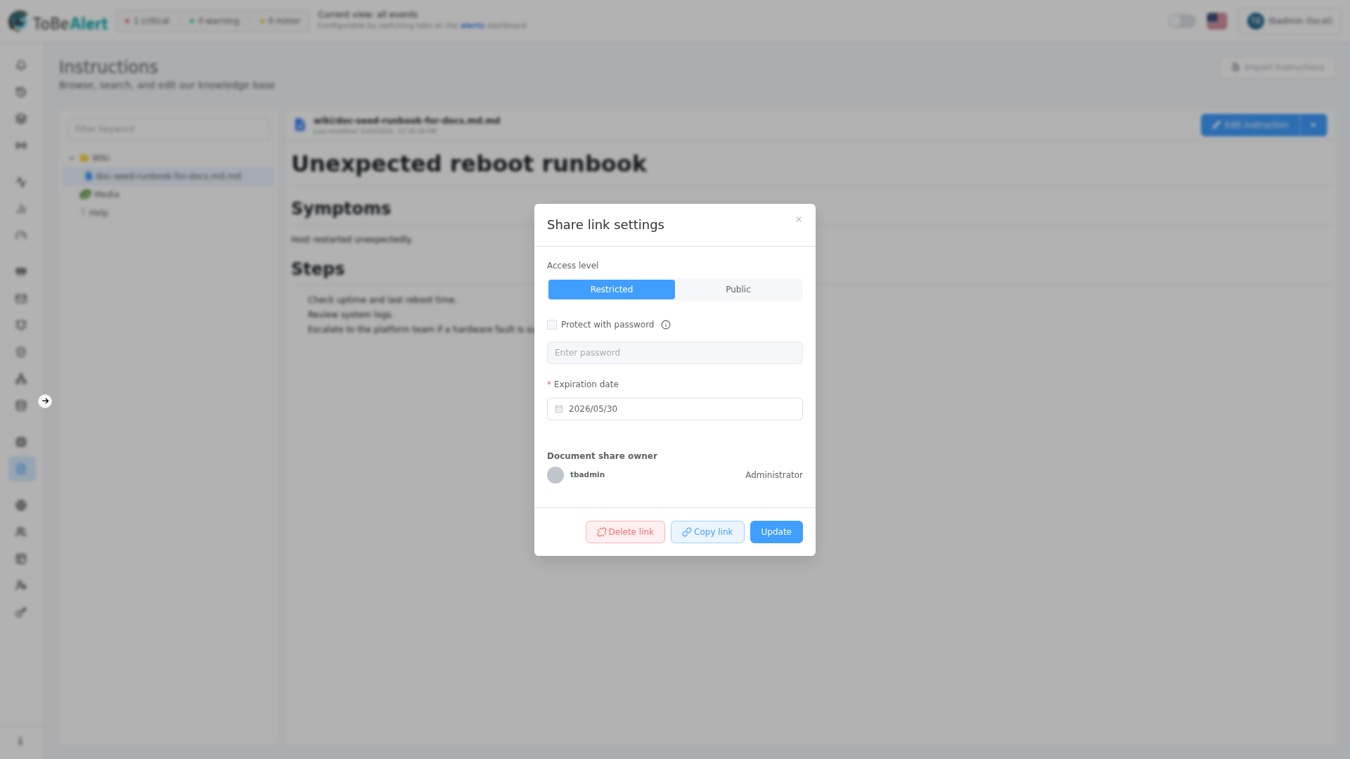 Share link settings dialog — access level, password, expiration, owner, actions, highlighted in red