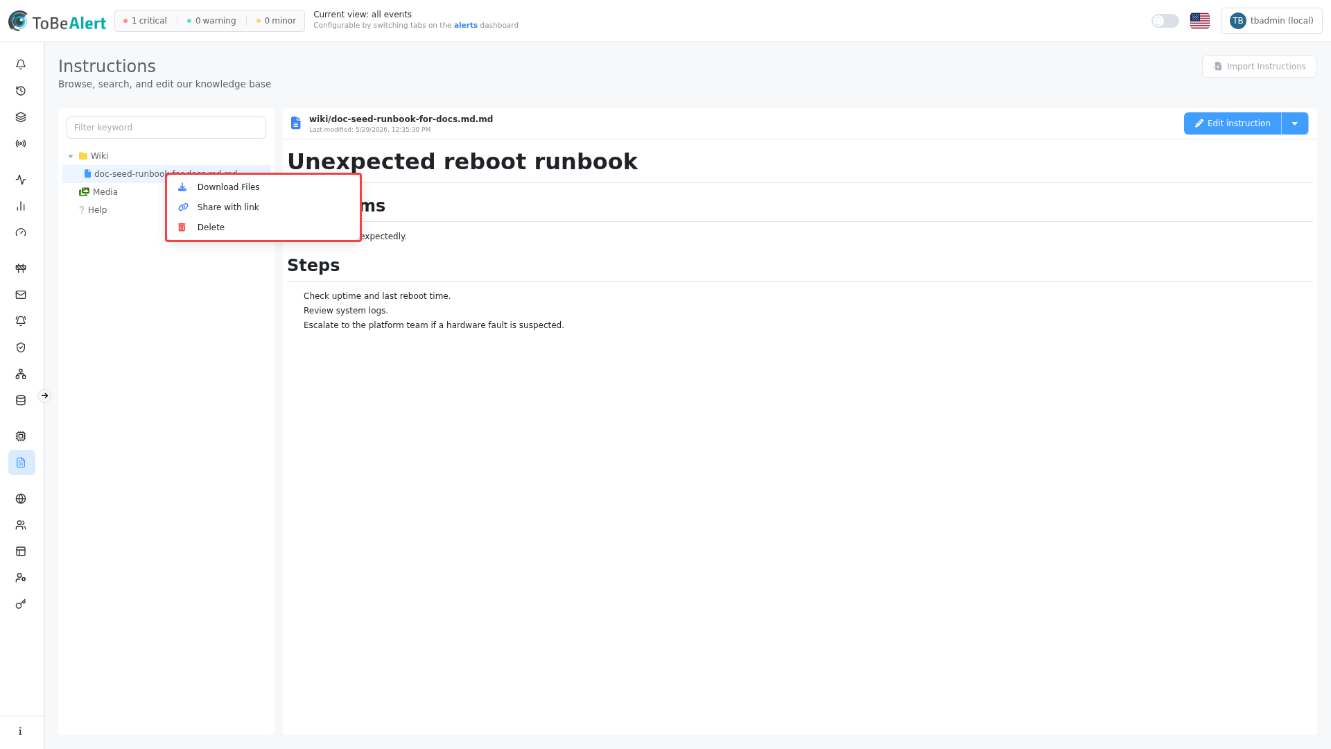Wiki file context menu — Download, Share with link, Delete, highlighted in red