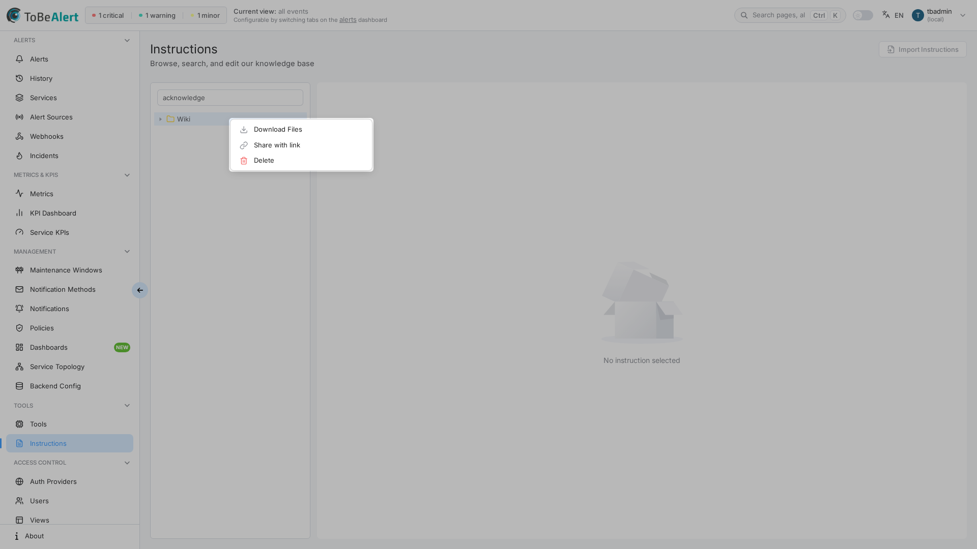 Wiki file context menu — Download, Share with link, Delete, highlighted in red