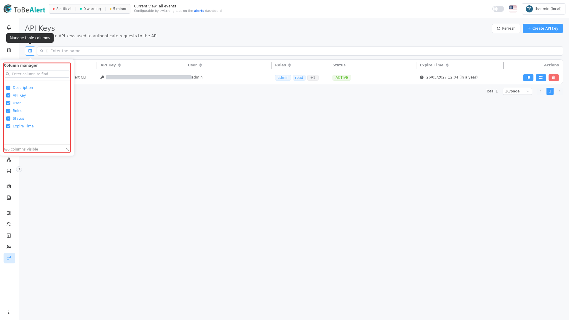 Column manager on the API keys list