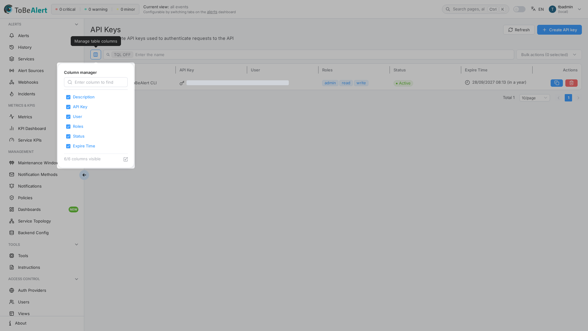 Column manager on the API keys list