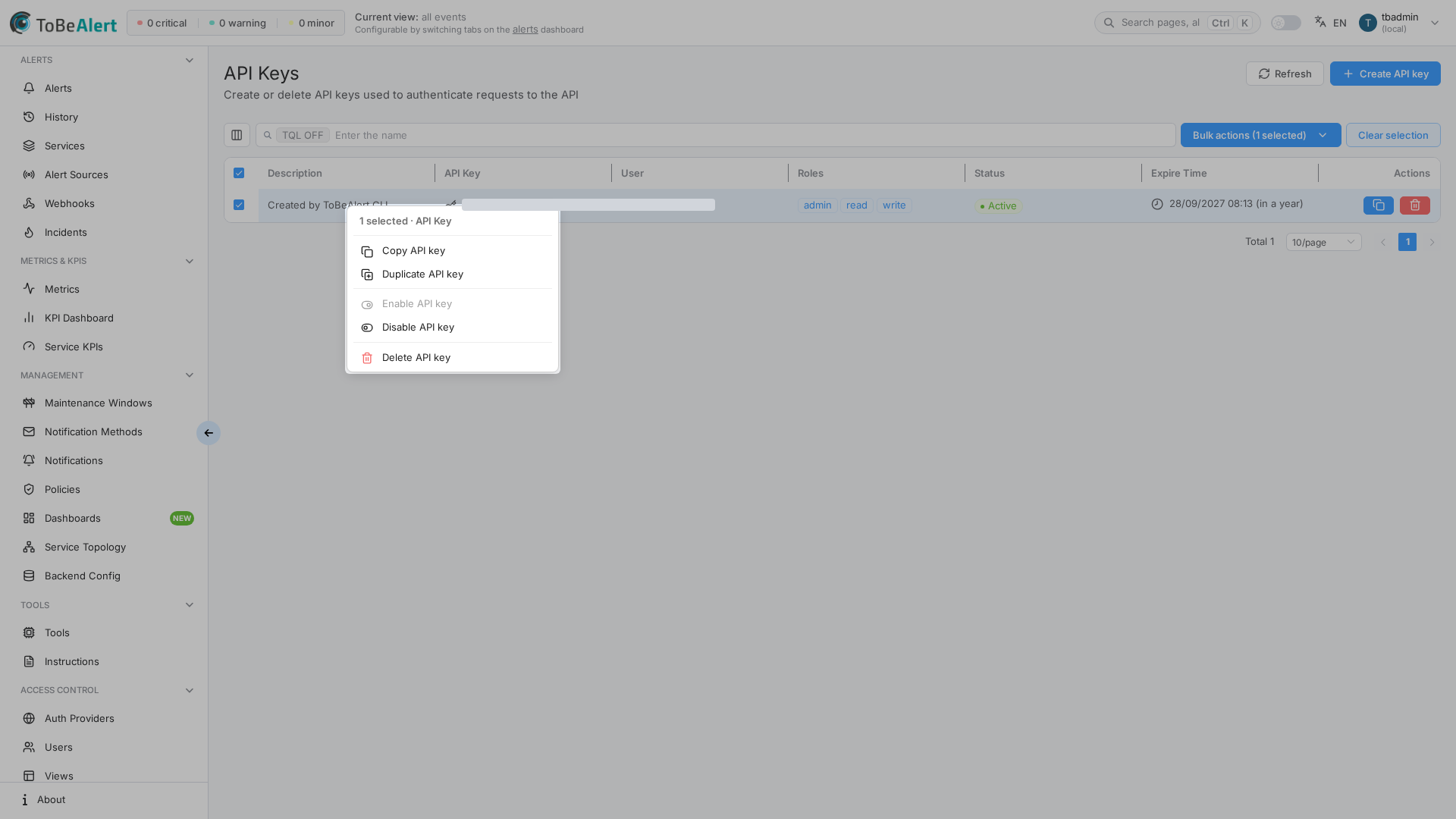 Context menu on an API key row