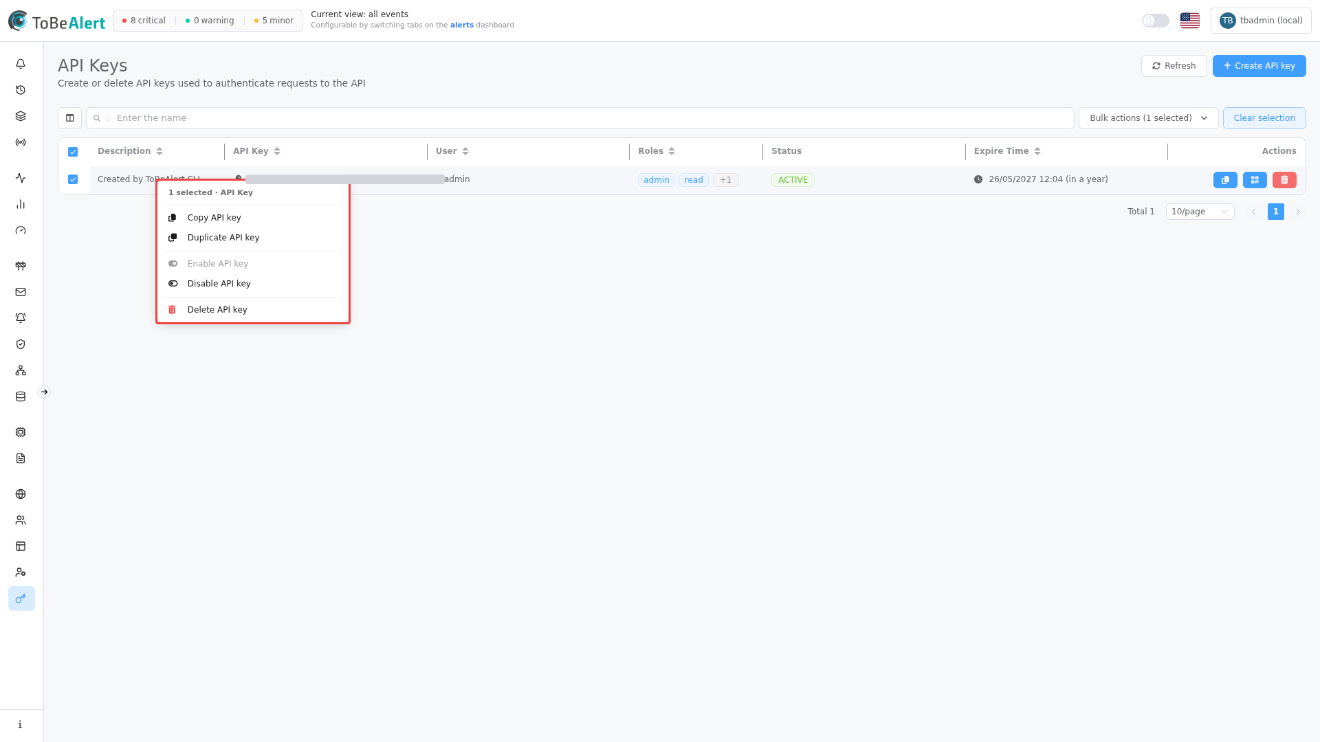 Context menu on an API key row