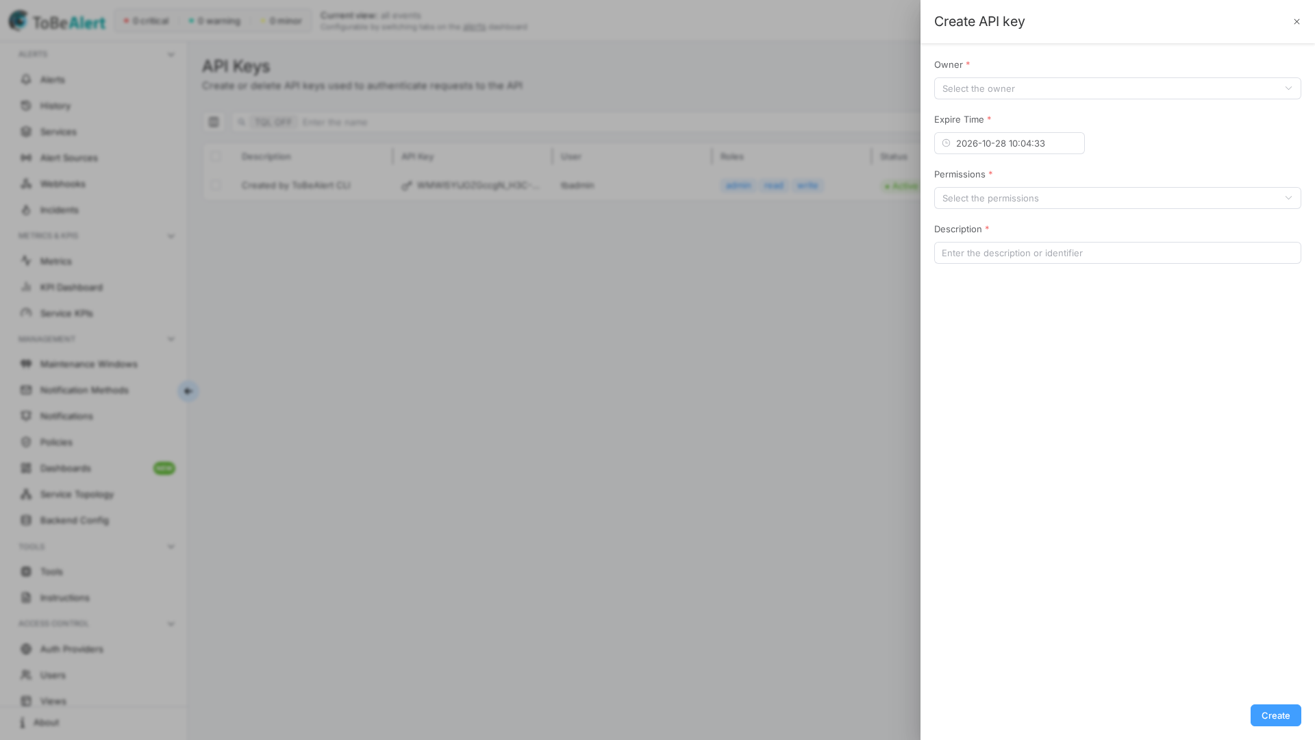 Create API key drawer