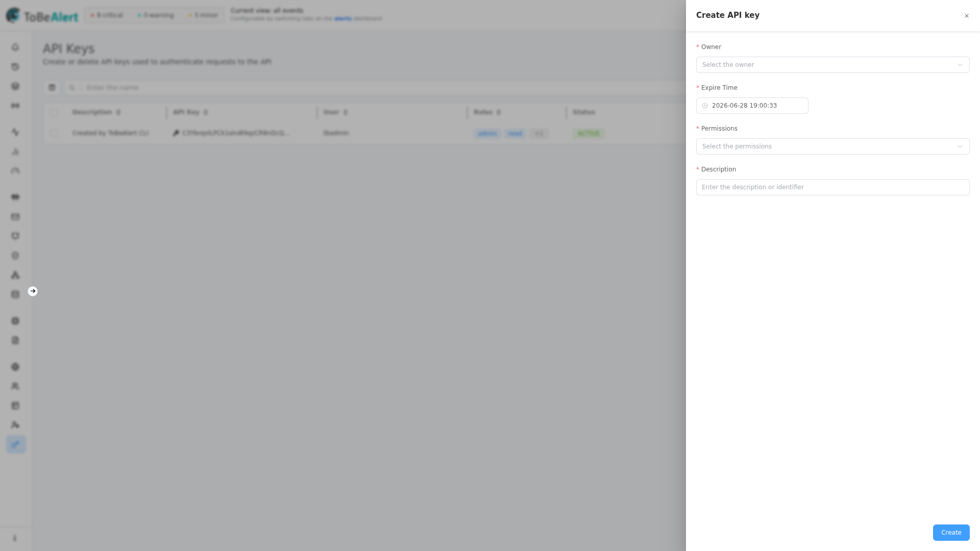 Create API key drawer