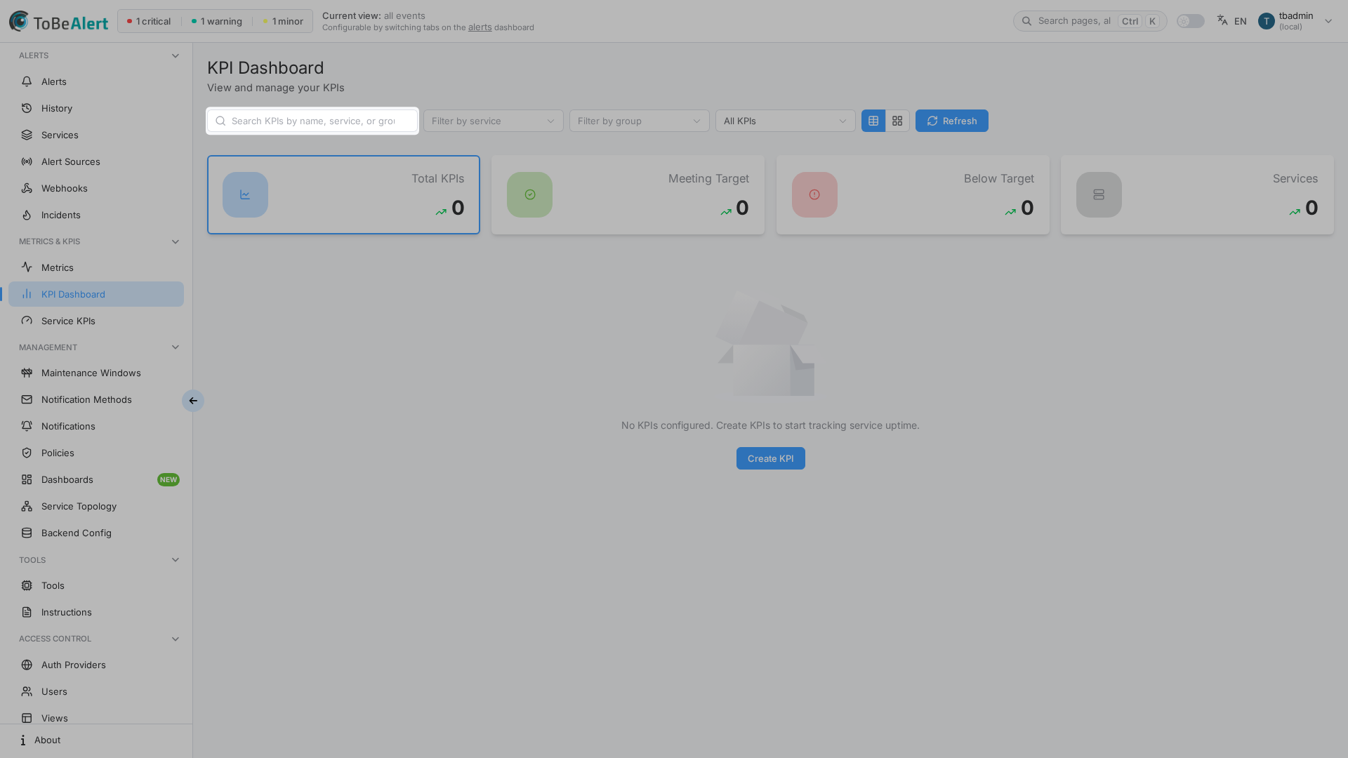 KPI dashboard — cards view with summary and filters