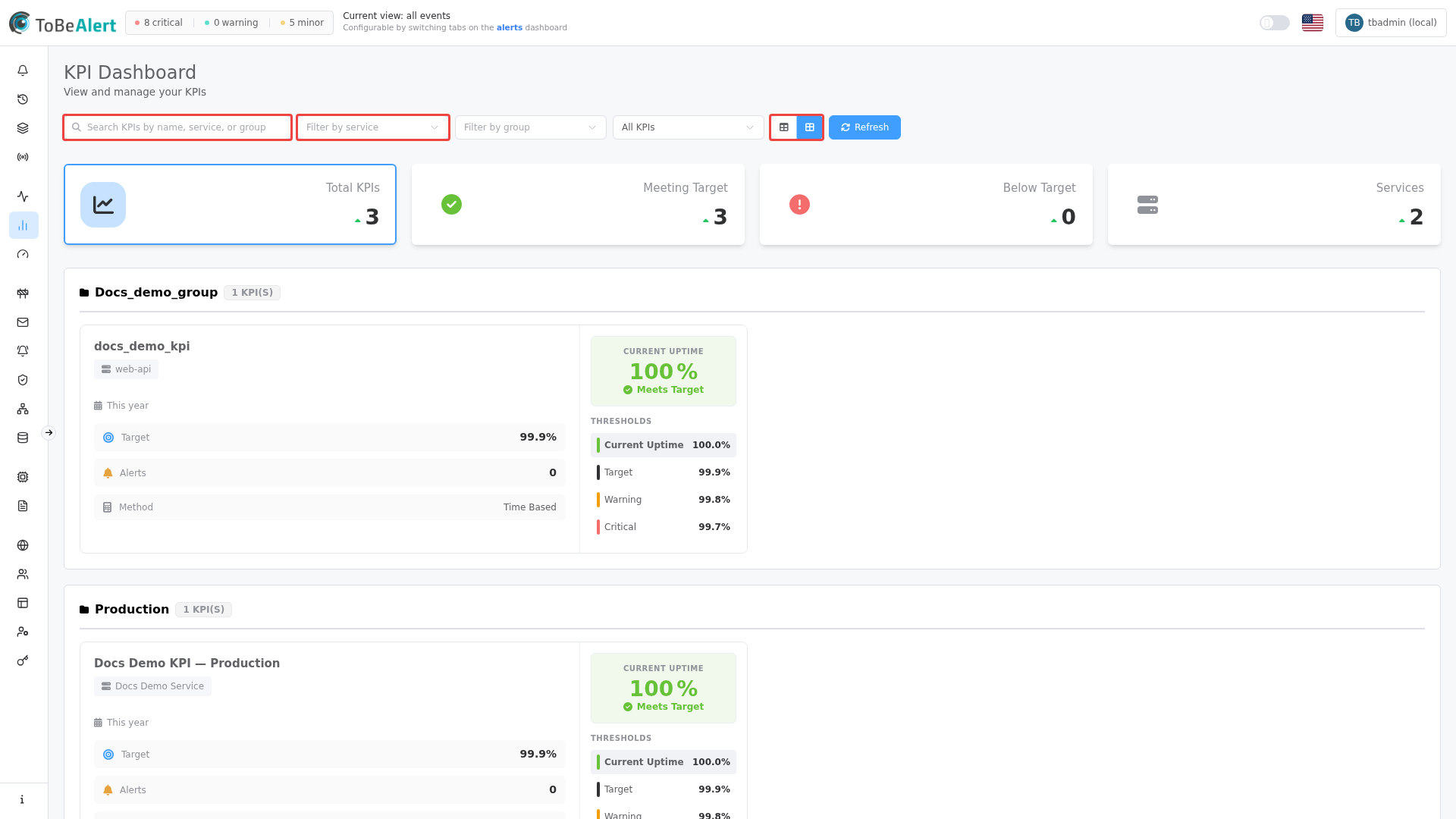 KPI dashboard — search and filter toolbar