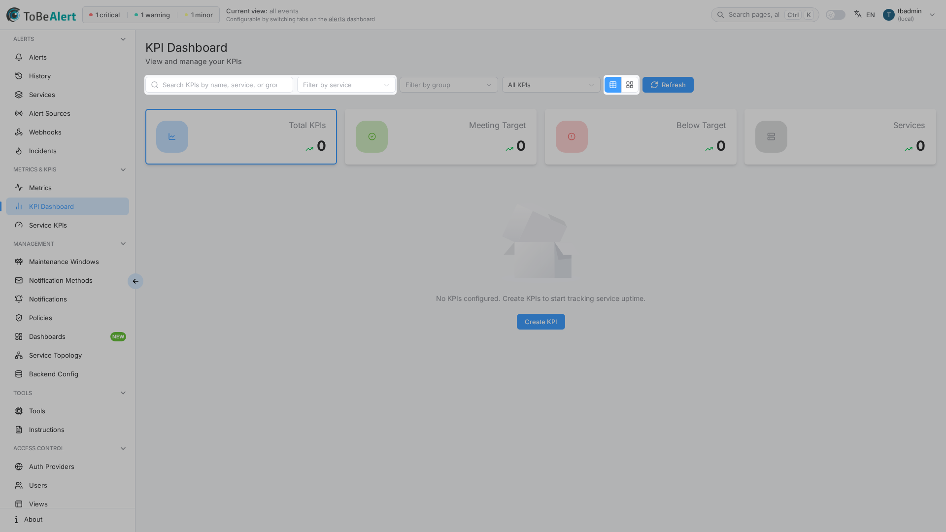 KPI dashboard — search and filter toolbar