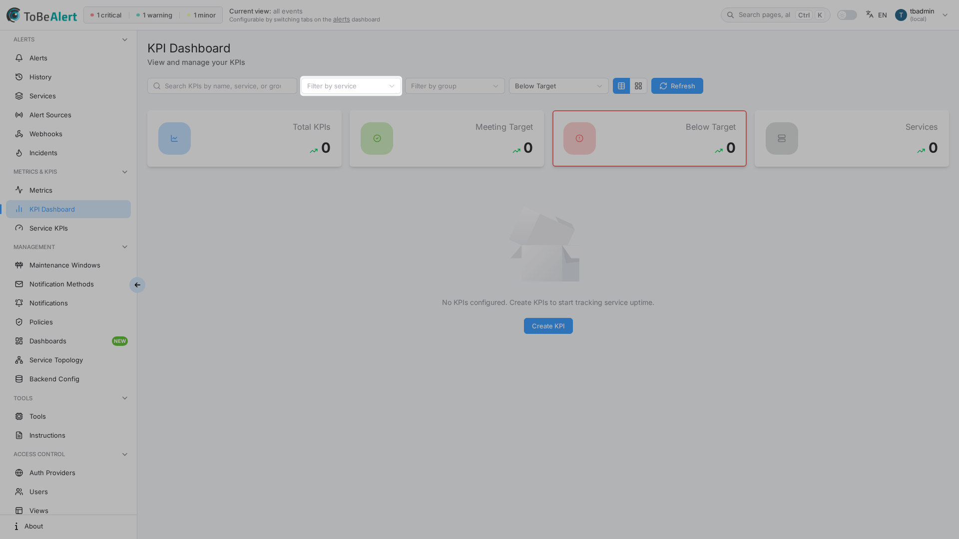 KPI dashboard — summary cards and status filter