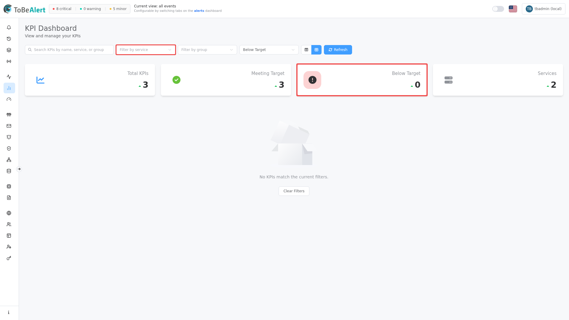 KPI dashboard — summary cards and status filter