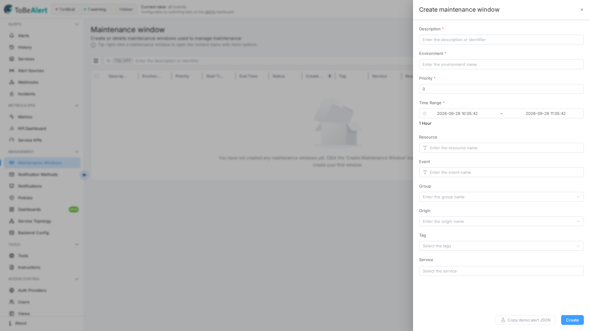Create maintenance window drawer