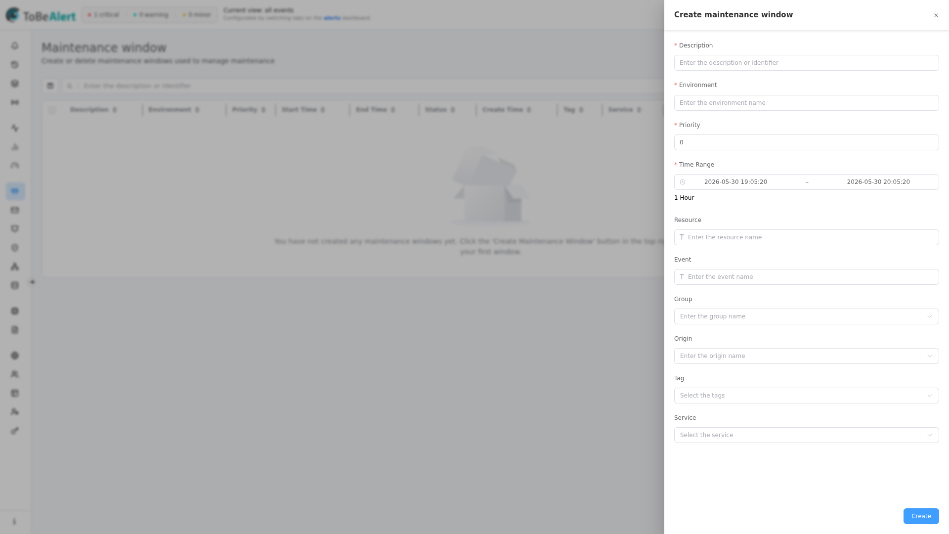 Create maintenance window drawer