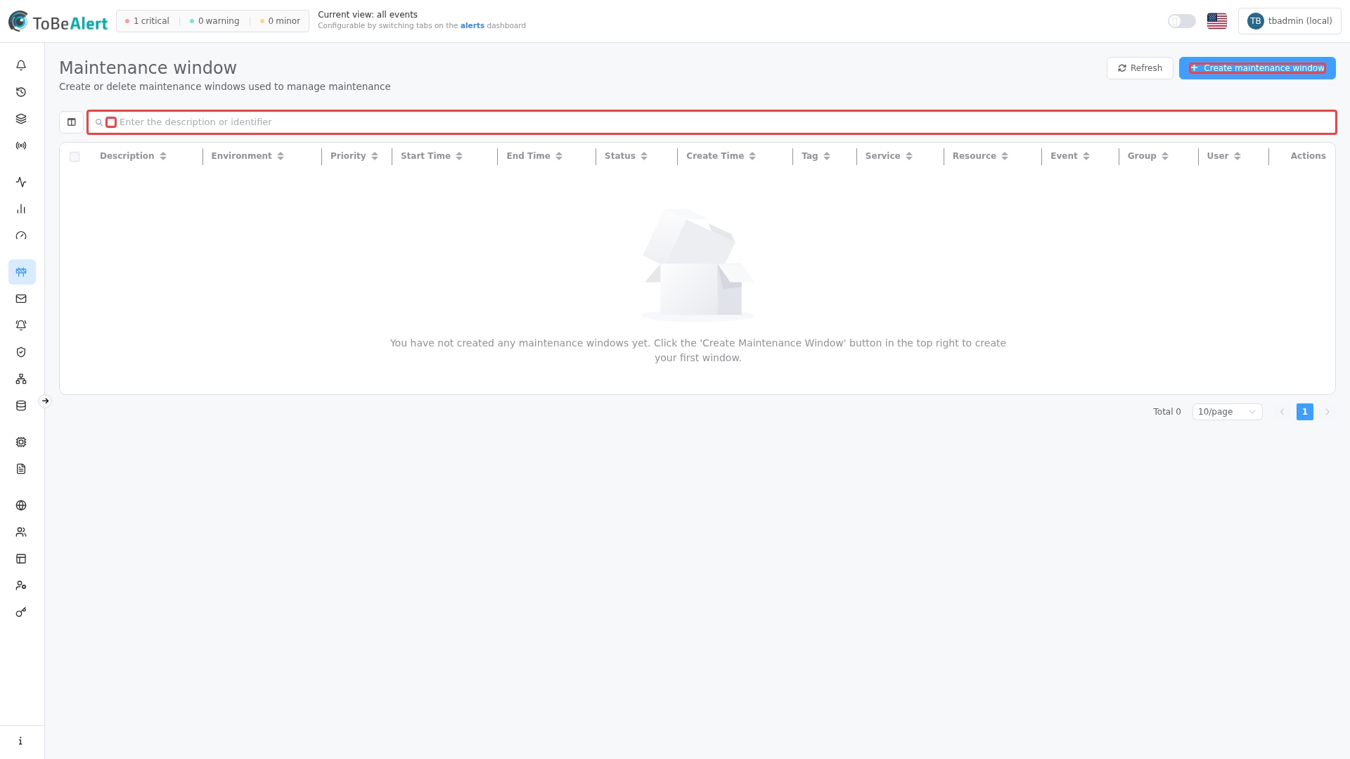 Maintenance windows list — Create maintenance window, search, and TQL toggle