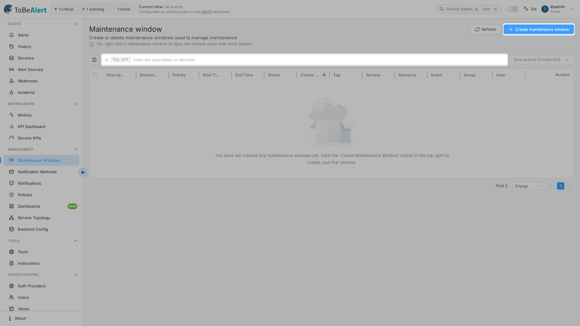 Maintenance windows list — Create maintenance window, search, and TQL toggle