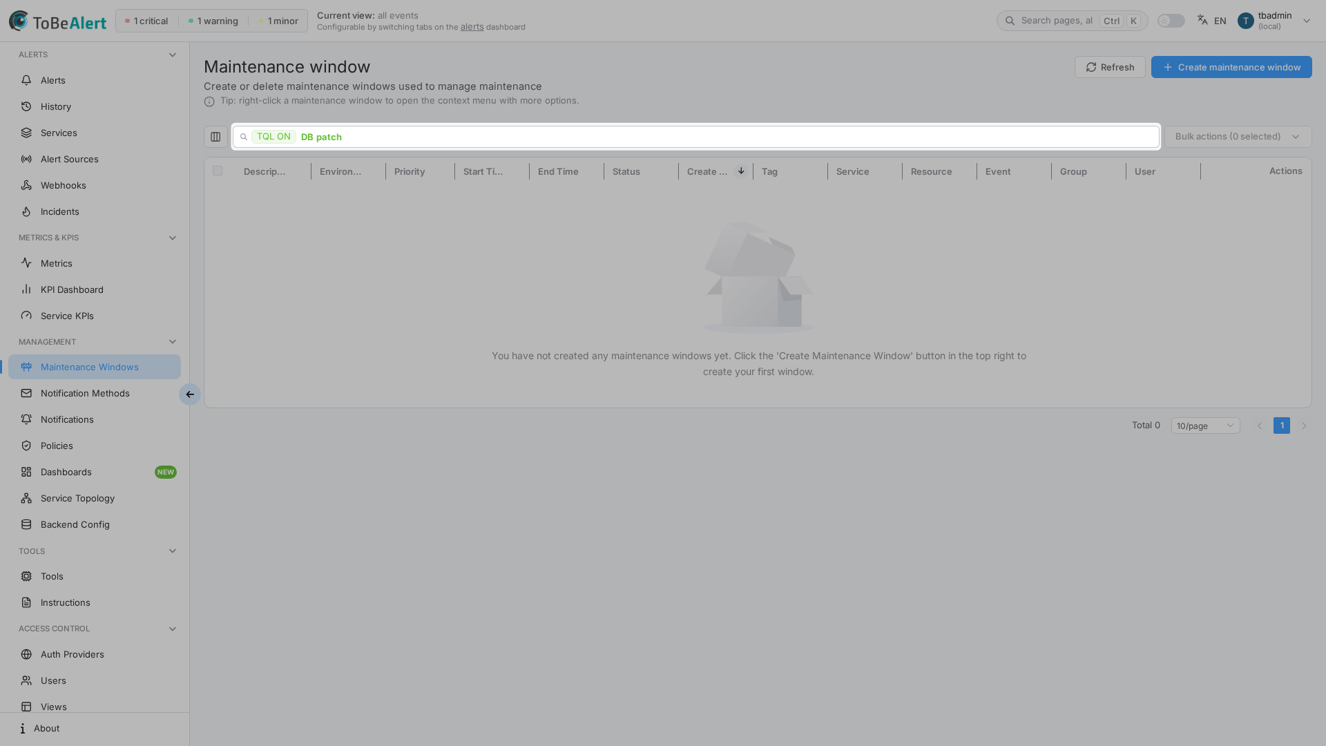 Maintenance windows list — plain search