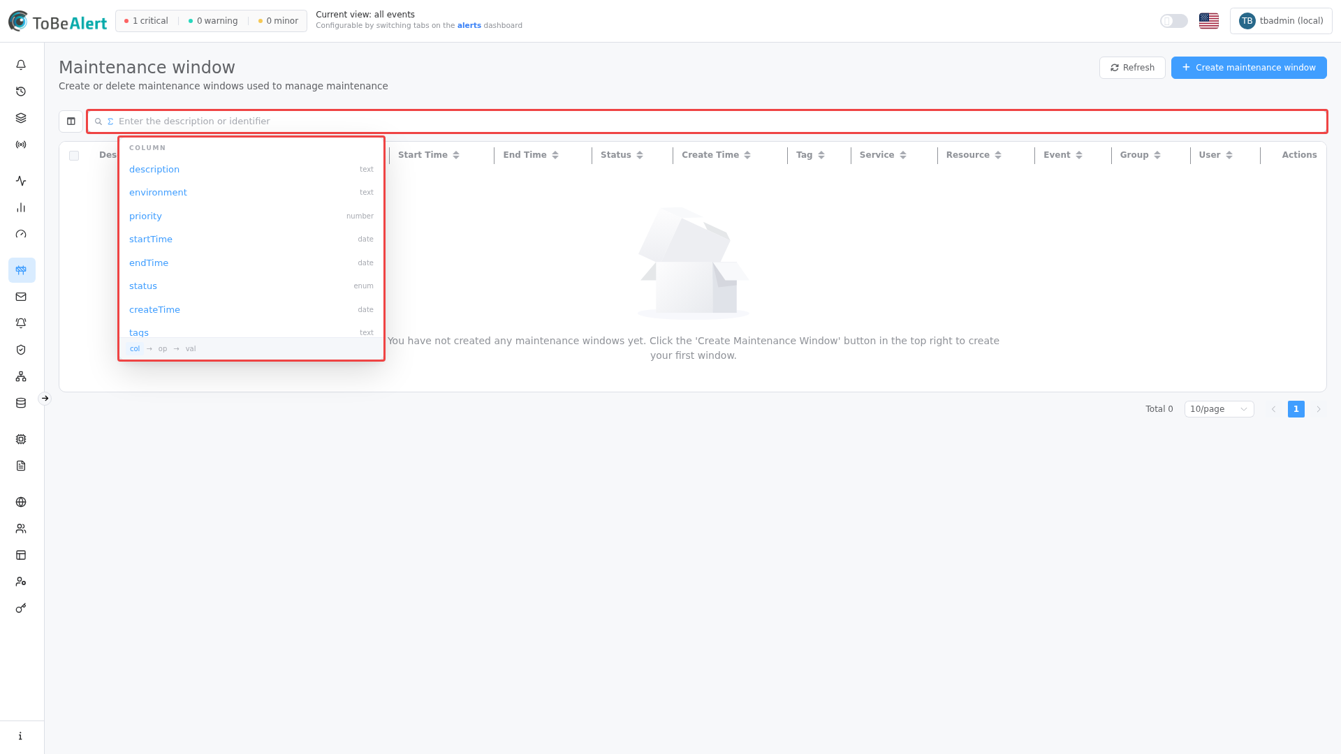 Maintenance windows list — TQL autocomplete