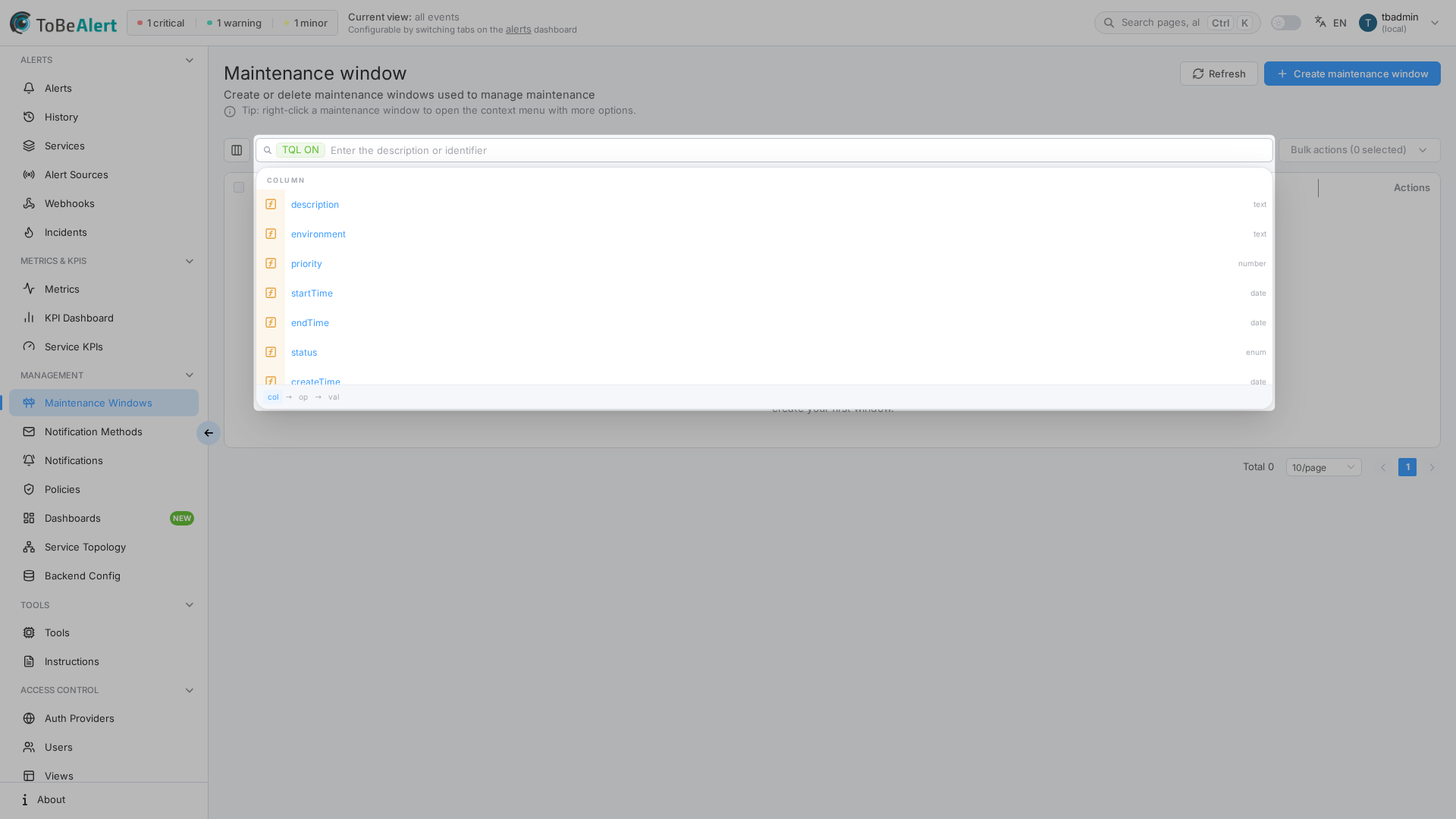 Maintenance windows list — TQL autocomplete