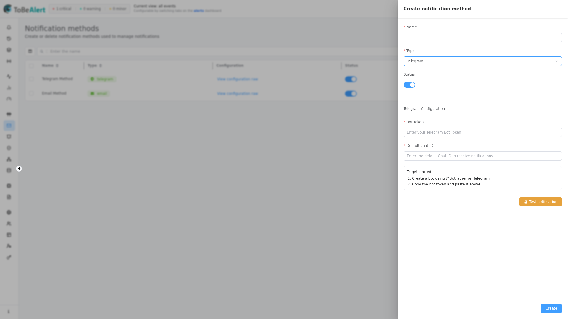 Create notification method — Telegram type