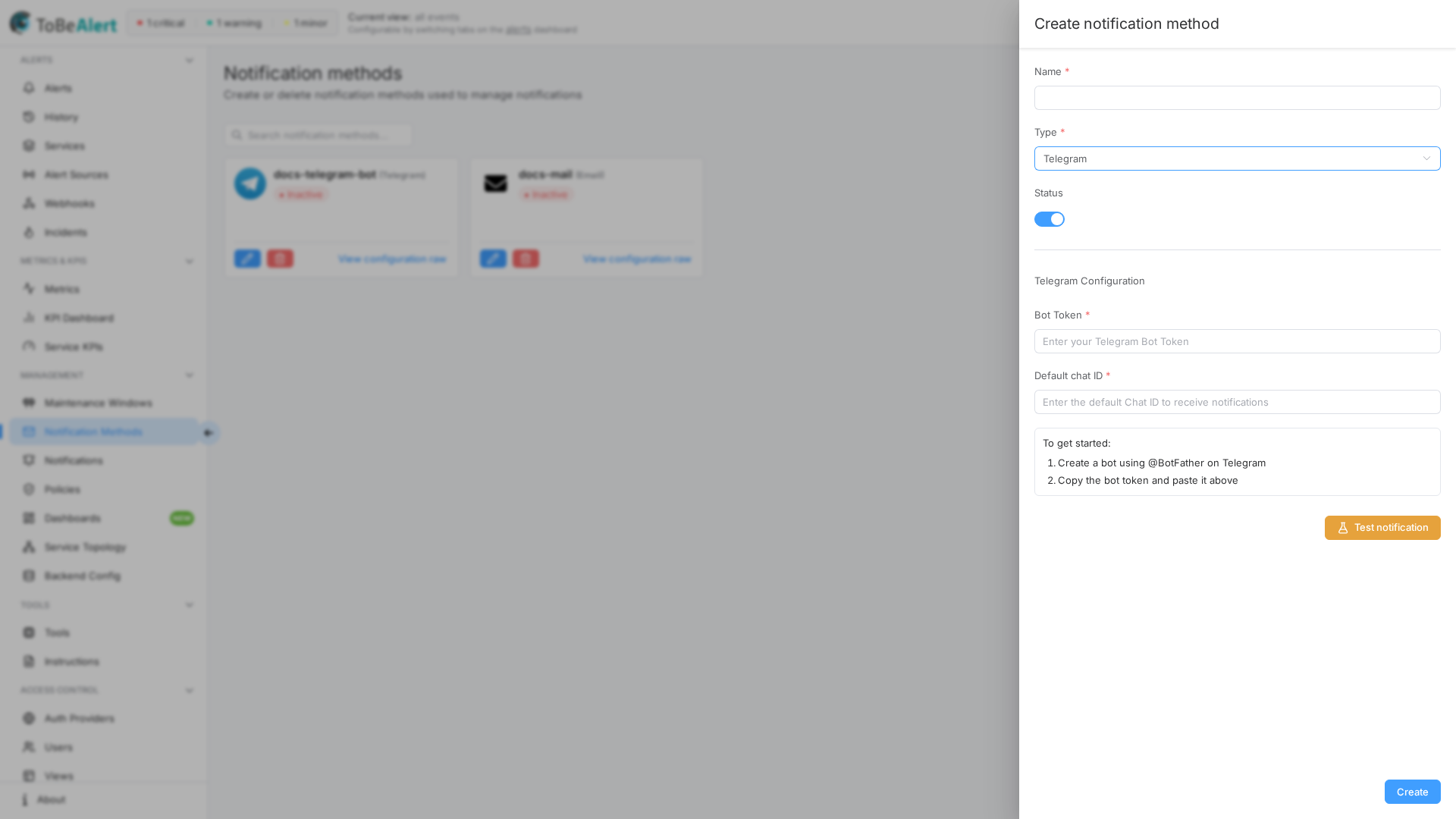 Create notification method — Telegram type