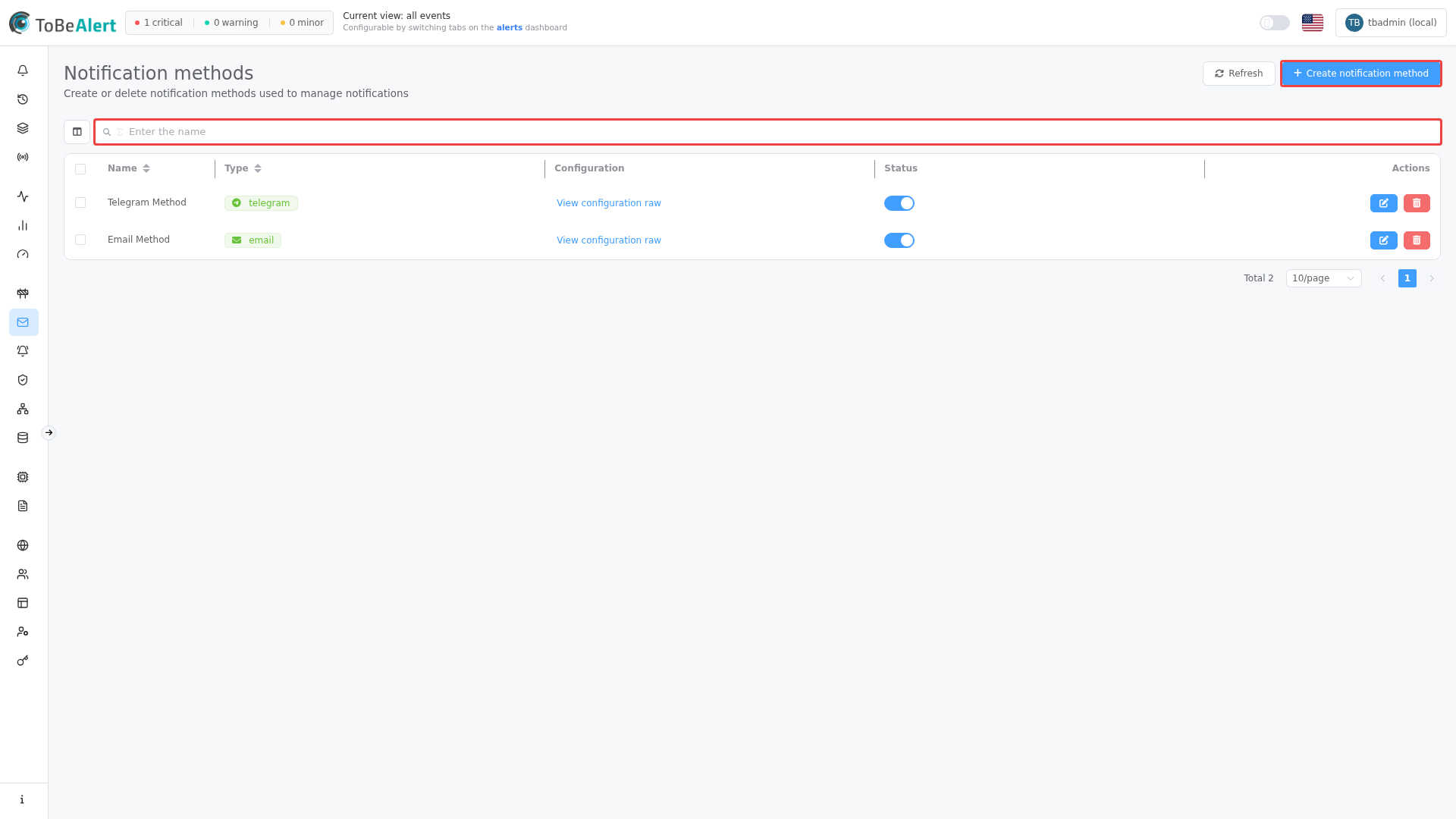 Notification methods list — Create notification method