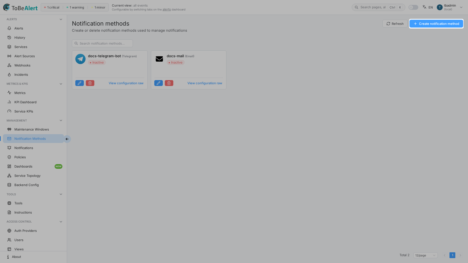 Notification methods list — Create notification method