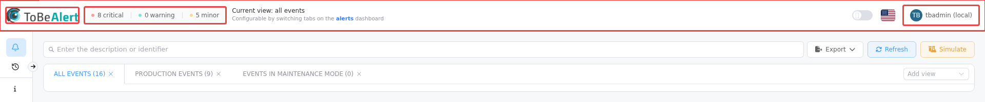 Top bar with alert indicators — red boxes mark the logo, severity counts, current view, and user menu