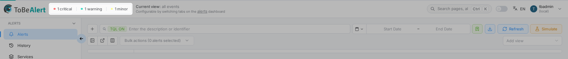 Top bar with alert indicators — red boxes mark the logo, severity counts, current view, and user menu