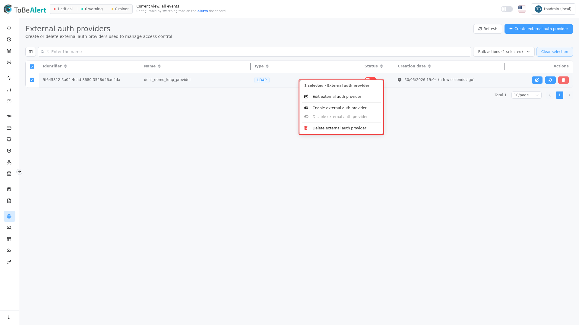 Context menu on a selected provider row
