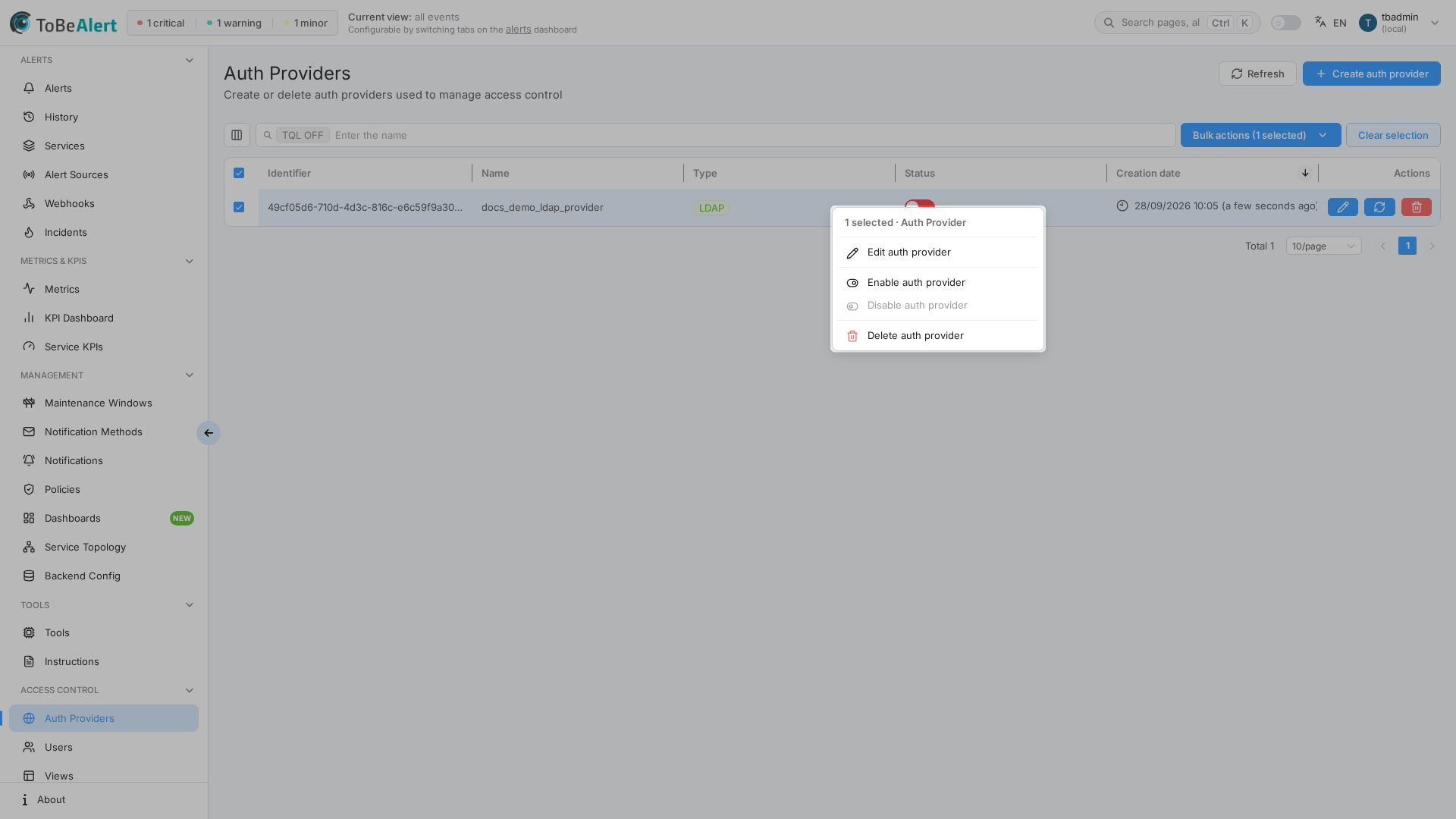 Context menu on a selected provider row