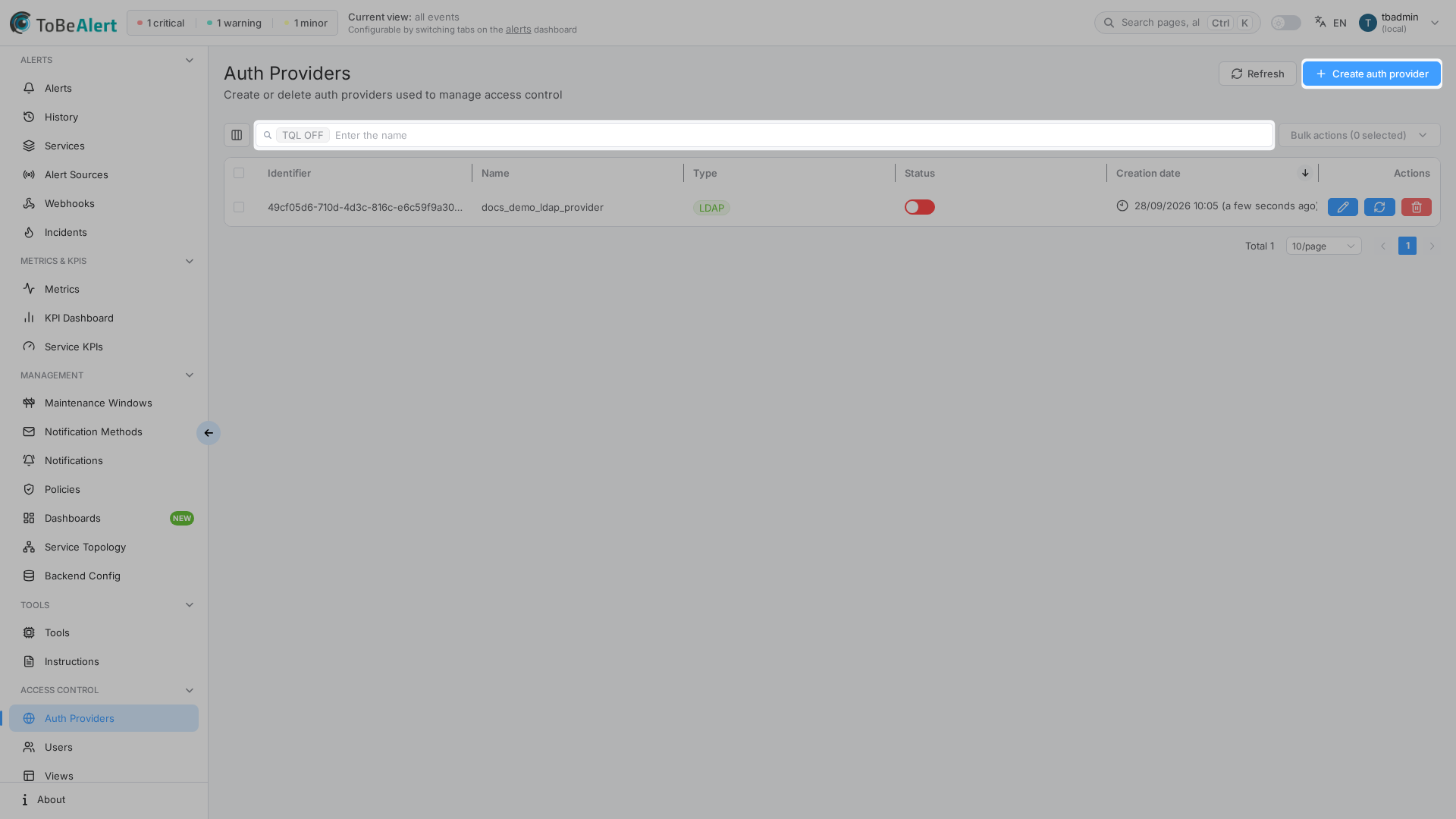 Auth Providers list — Create auth provider