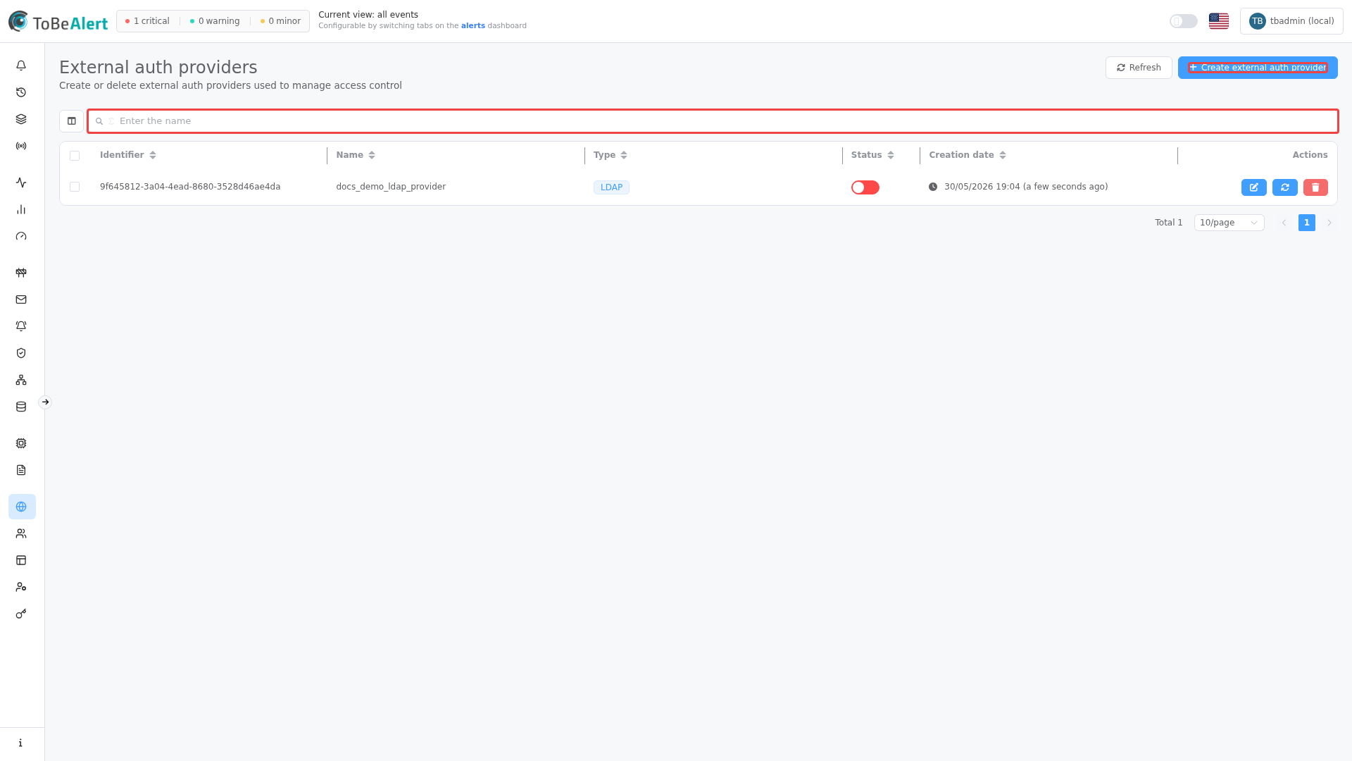 External auth providers list — Create external auth provider