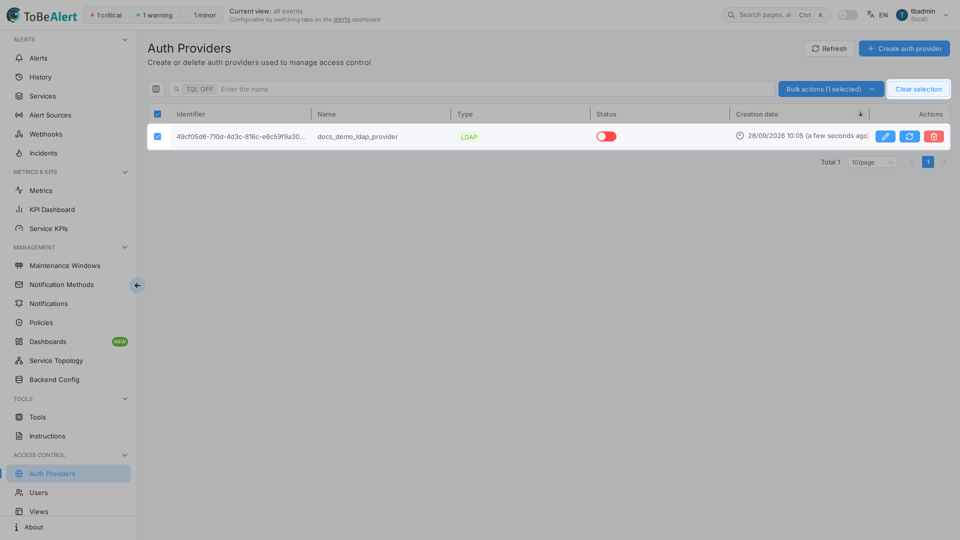 Provider row selected — bulk actions toolbar