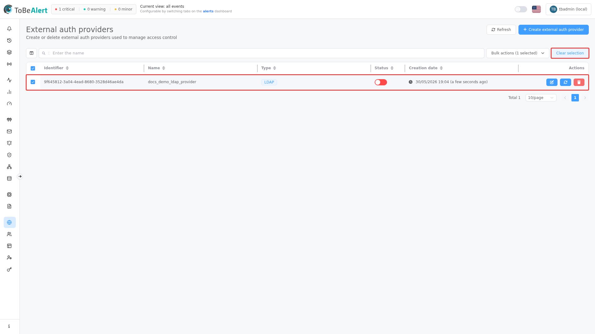 Provider row selected — bulk actions toolbar