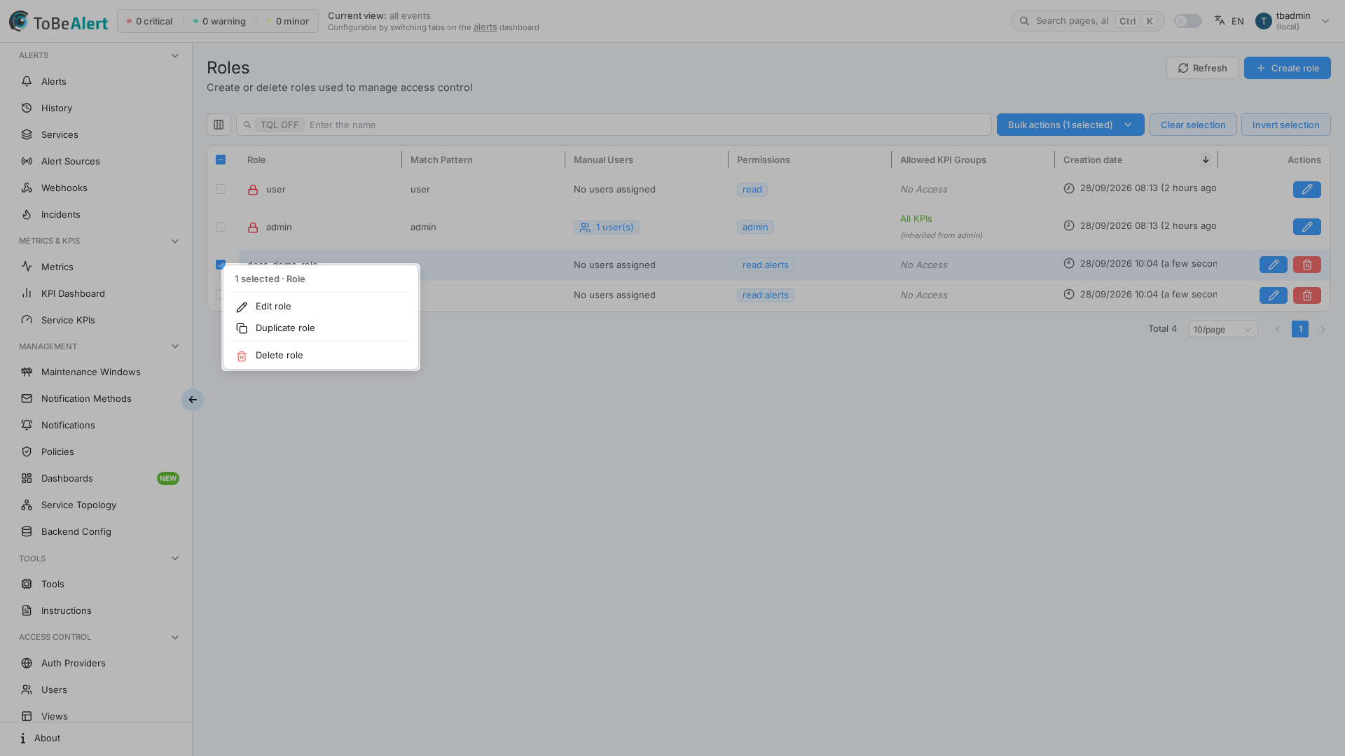 Roles — row context menu