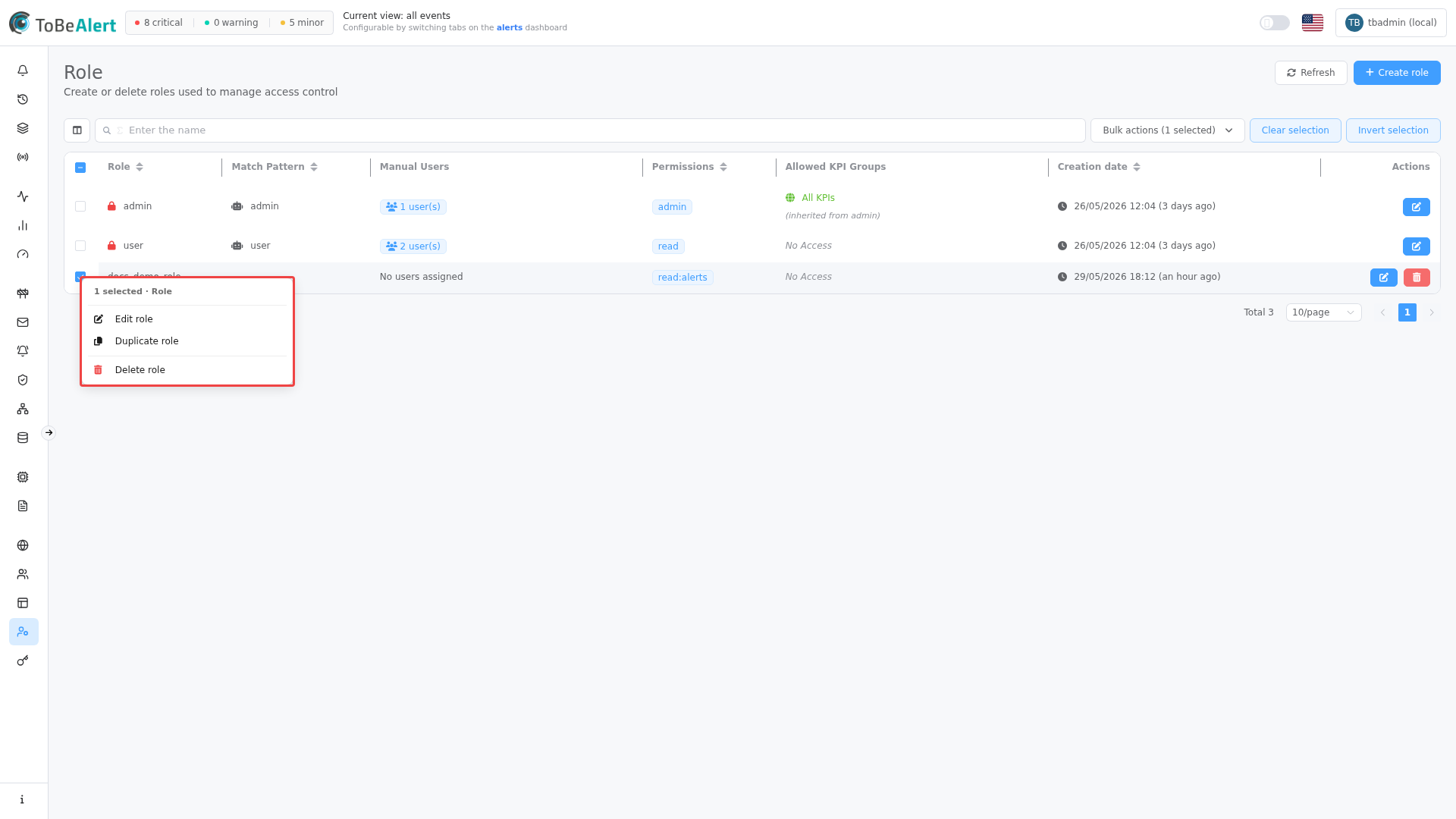 Roles — row context menu