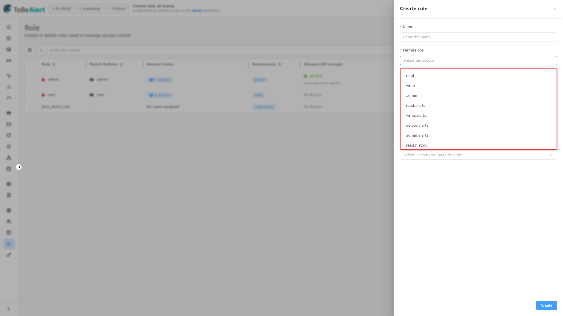 Roles — Permissions dropdown in create drawer